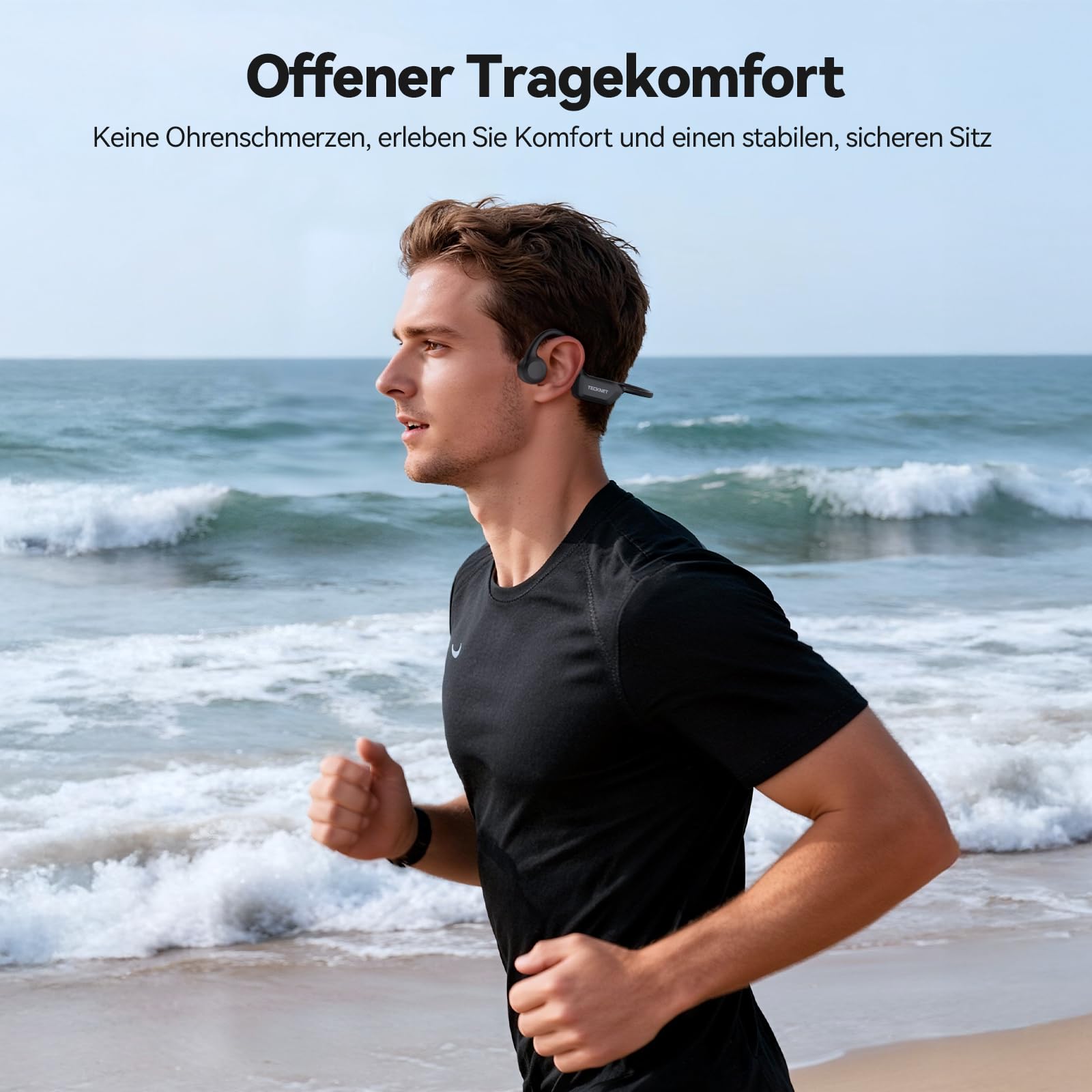 TECKNET Knochenschall Kopfhörer Bluetooth, Bone Conduction Headphones mit Mikrofon, Open Ear Sport Kopfhörer für Fahrrad Laufen, IPX5 Wasserdicht, 10H Akku, Knochenleitungskopfhörer, Schwarz
