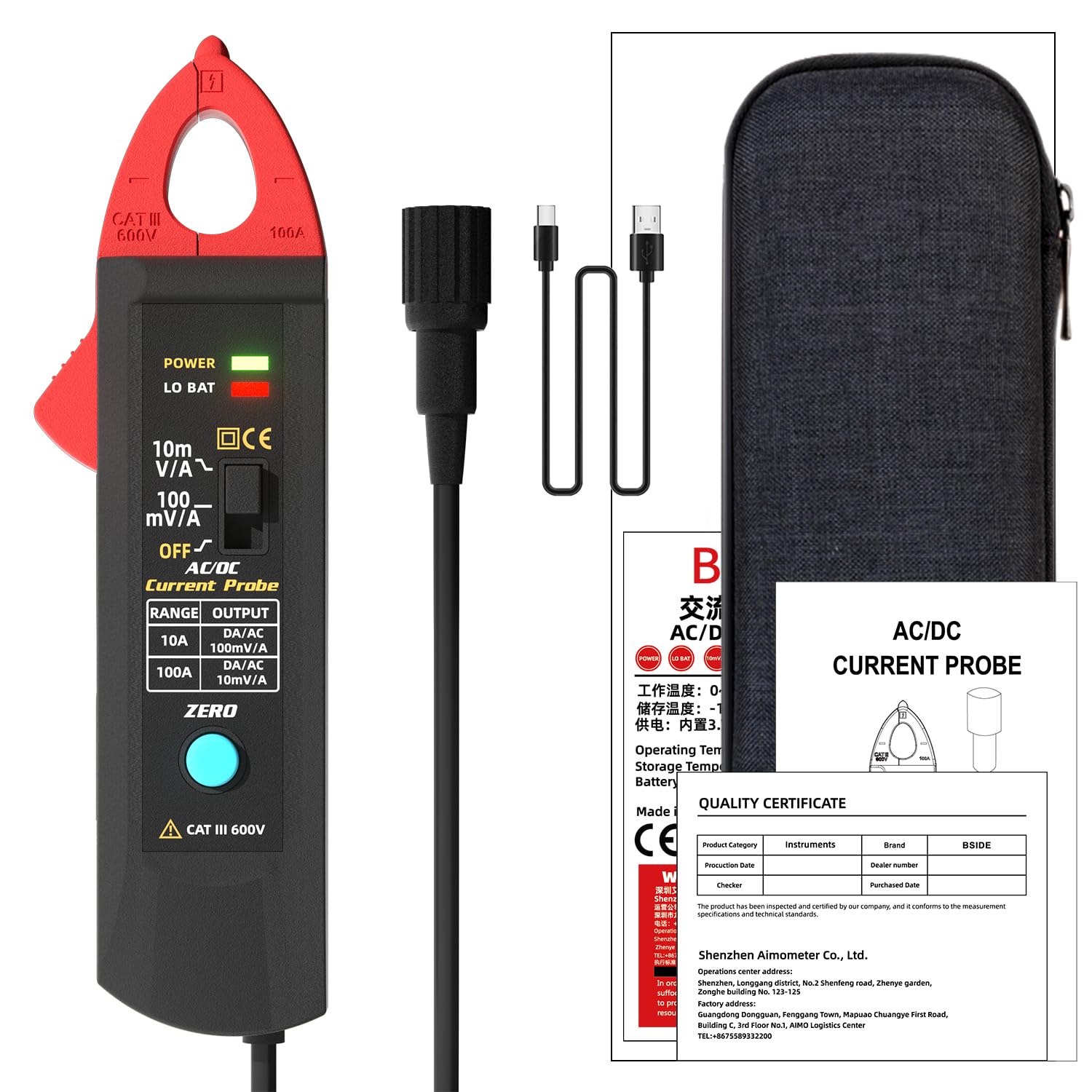 BSIDE UP1 AC/DC Strommesszange für Oszilloskop 10mA–100A, 20KHz, Oscilloscope Stromzange Wiederaufladbar mit BNC-Anschluss und Tasche