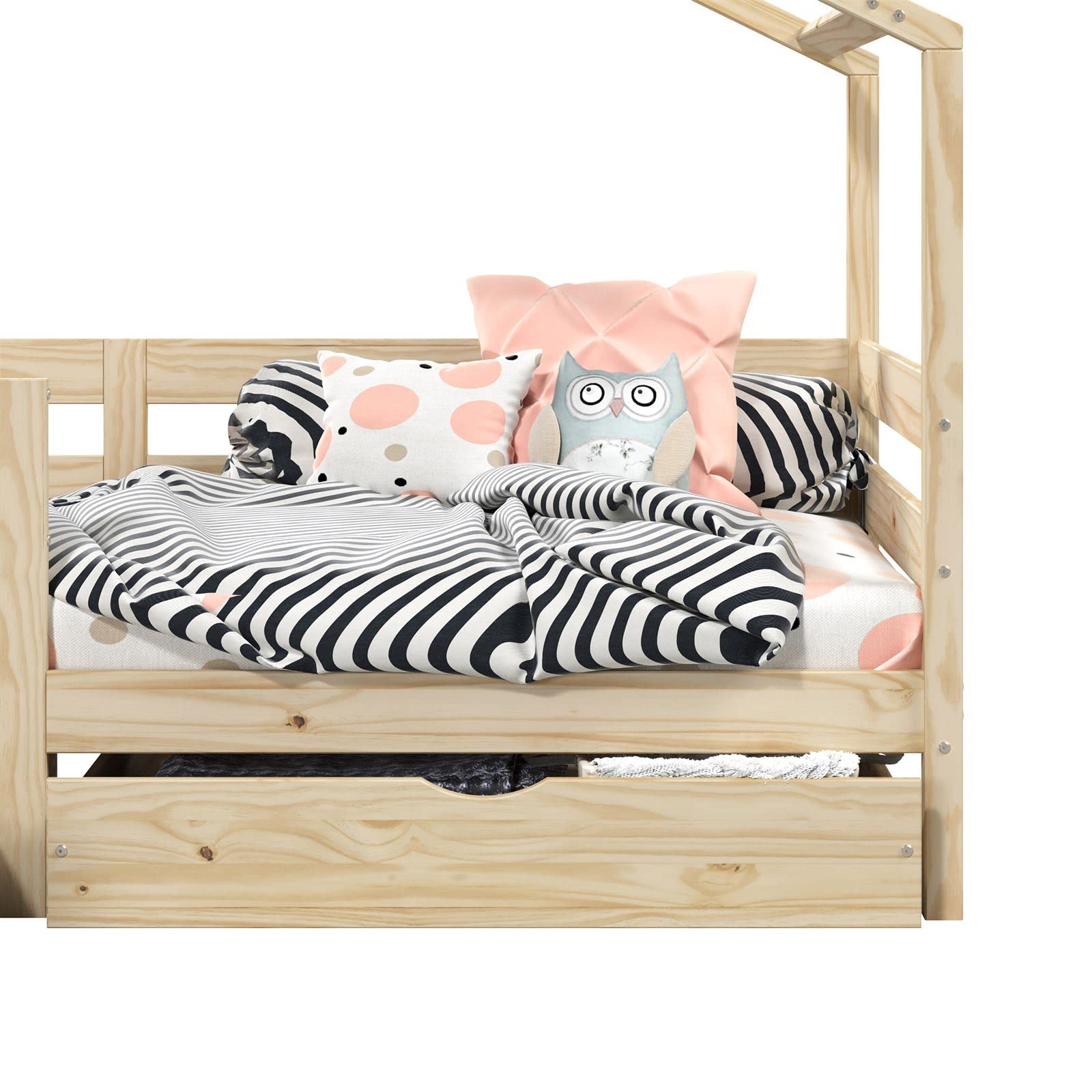 IDIMEX Hausbett ENA aus massiver Kiefer, schönes Montessoribett in 90 x 200 cm, Kinderbett mit Rausfallschutz, stabiles Spielbet mit Dach und 2 Schubladen in Natur