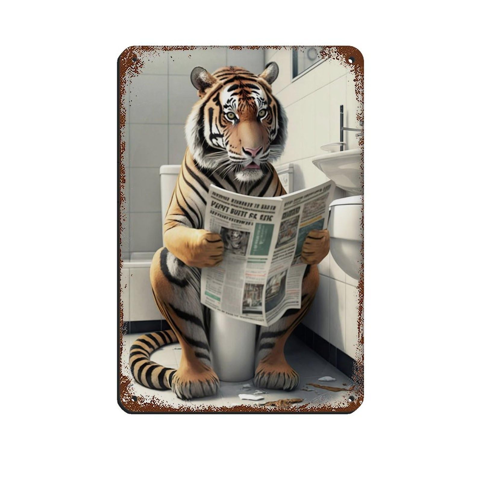 Tiger Sitting on The Toilet Reading A Newspaper Tin Sign Vintage Metal Pub Club Cafe Bar Home Wall Art Decoration Poster Retro 8x12inch(20x30cm)