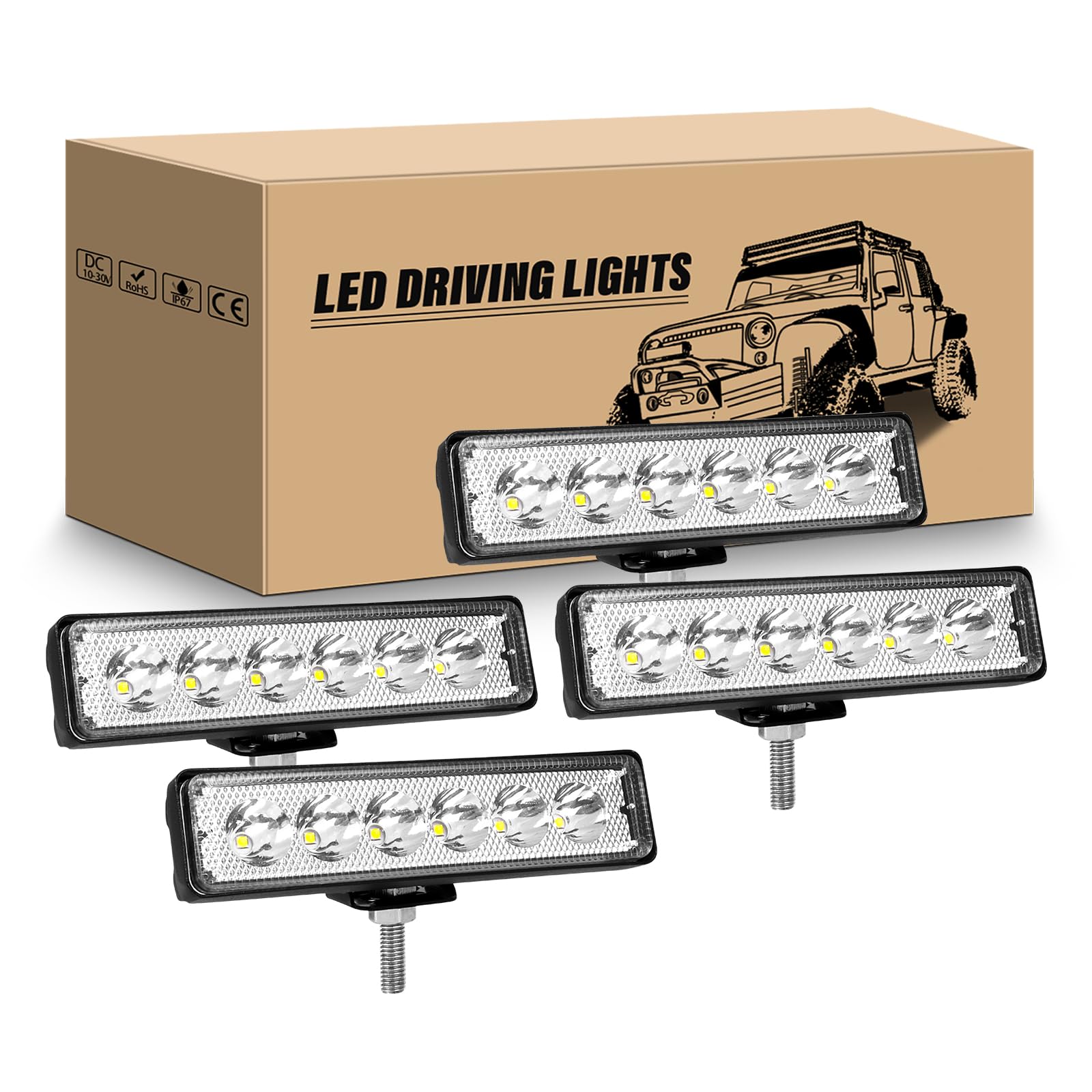 RIGIDON 4Pcs Mini Faro da lavoro led, Barra Led 6 Pollici 15cm 18W Spot Luci di Lavoro a Led, Fari di profondità 12V 24V per Off Road Auto Trattore Camion SUV ATV 4x4, 6000K Faretti Fendinebbia