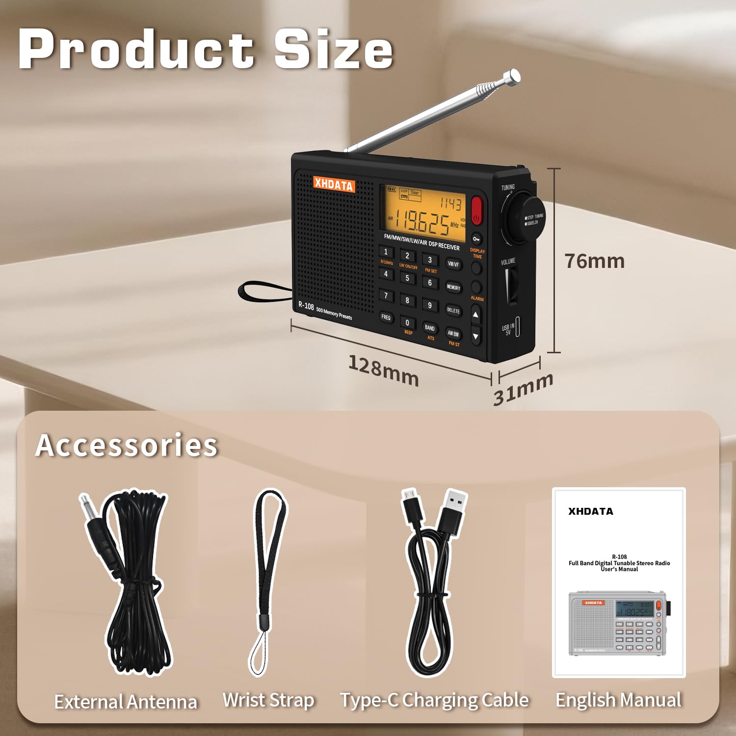 XHDATA R-108 Kleines Tragbare Radios Wiederaufladbares Batterieradio UKW FM AM SW Airband Radio weltempfänger digitalradio mit ATS-Stationsspeicher Sleep-Funktion (Schwarz)
