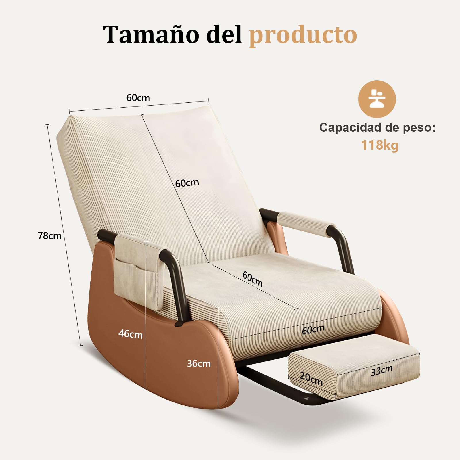 Silla Mecedora Acolchada para habitación de bebé con Bolsillos Laterales y Respaldo Alto Ajustable, Silla de Acento de Cuerda Peluda con reposapiés Adecuada para Dormitorio y Sala de Estar