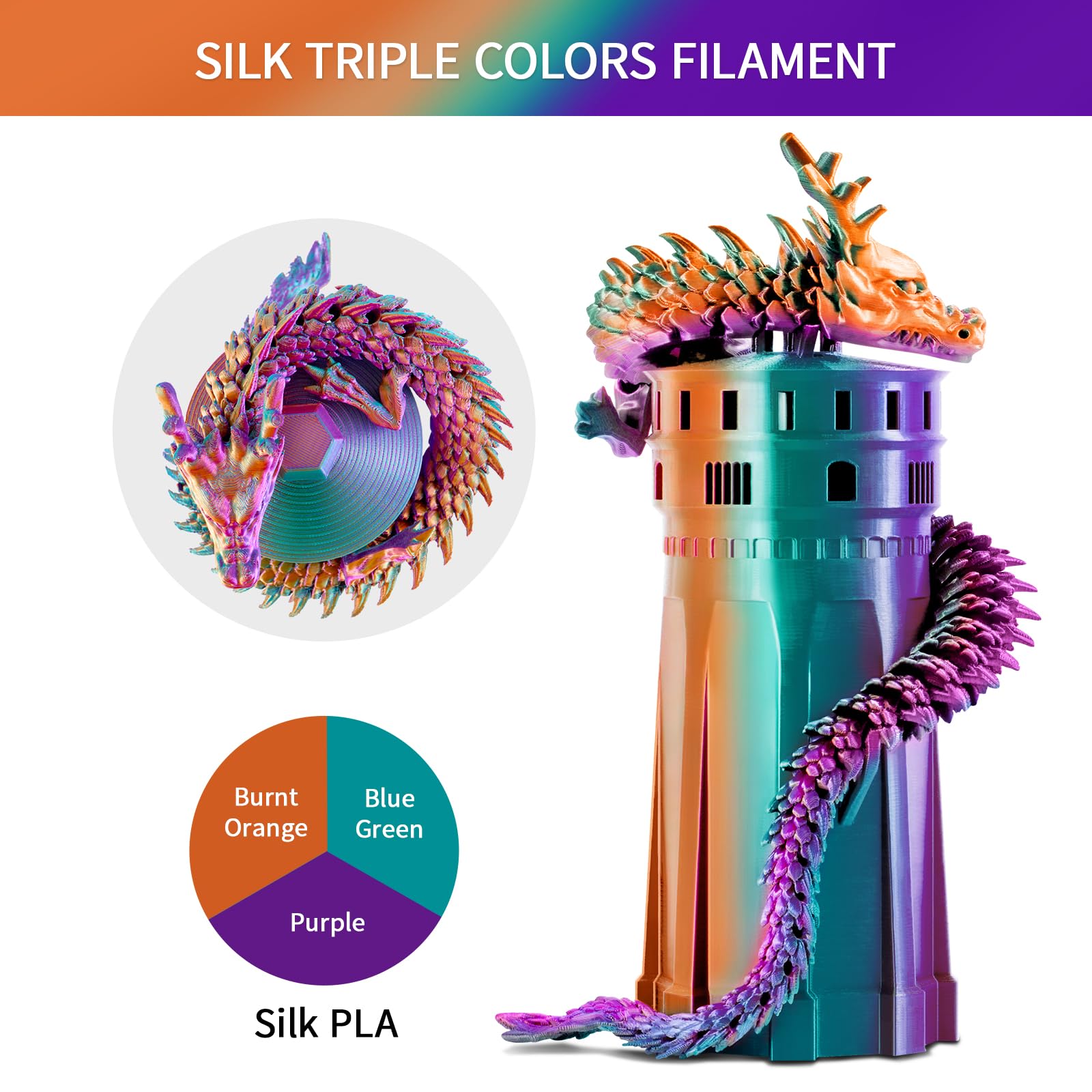 ERYONE Tri Color Silk PLA Filament 1.75mm, 3D Printer Filament PLA +/-0.03mm 1KG/Spool, Tri Color Purple, Blue purple and Burnt Orange