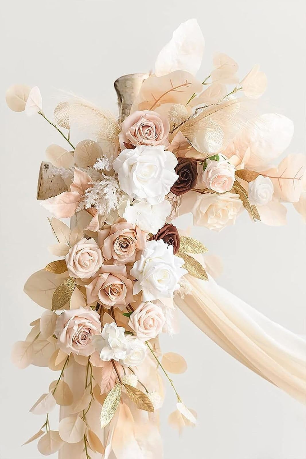 BRYER Künstlicher Hochzeitsbogen Mit Blumen-Set (4 Stück), Weiße Rosenblumen-Girlande Mit 2 Stück Weißen, Durchsichtigen, Drapierten Stoff-Blumengirlanden Für Die Hochzeitsdekoration