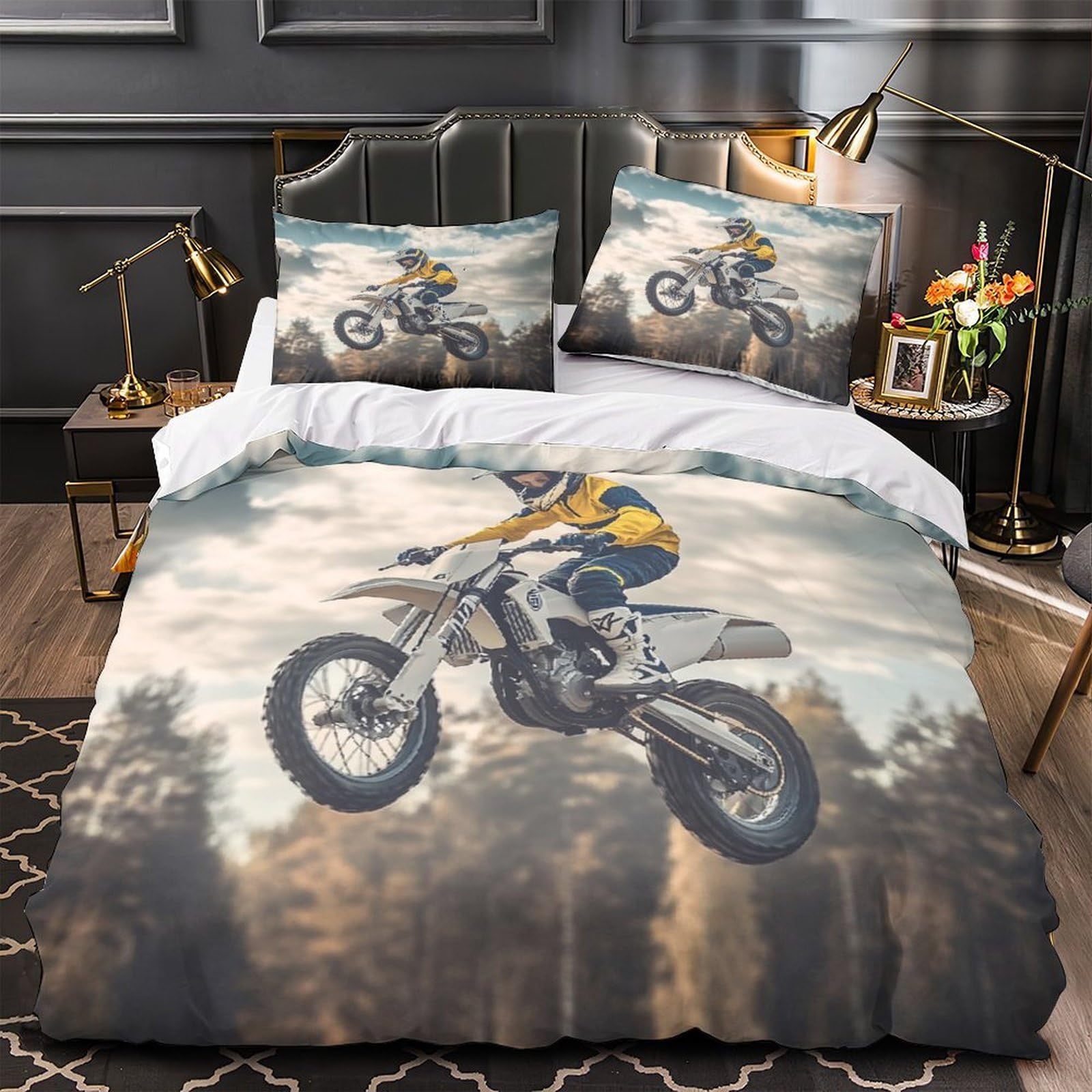 Housse de couette motocross anti-plis et douce pour lit simple