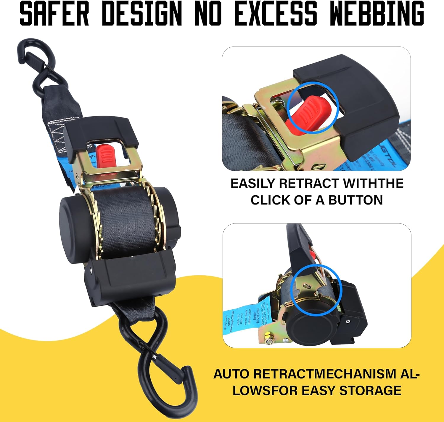 Retractable Ratchet Straps, 2 inch x 13 Feet Heavy Duty Auto Self Retracting Ratchet Strap 3306 lb Break Strength, Tie Down Quick Easy Retract Strap for Truck Motorcycle Cargo Trailer, 2 Pack