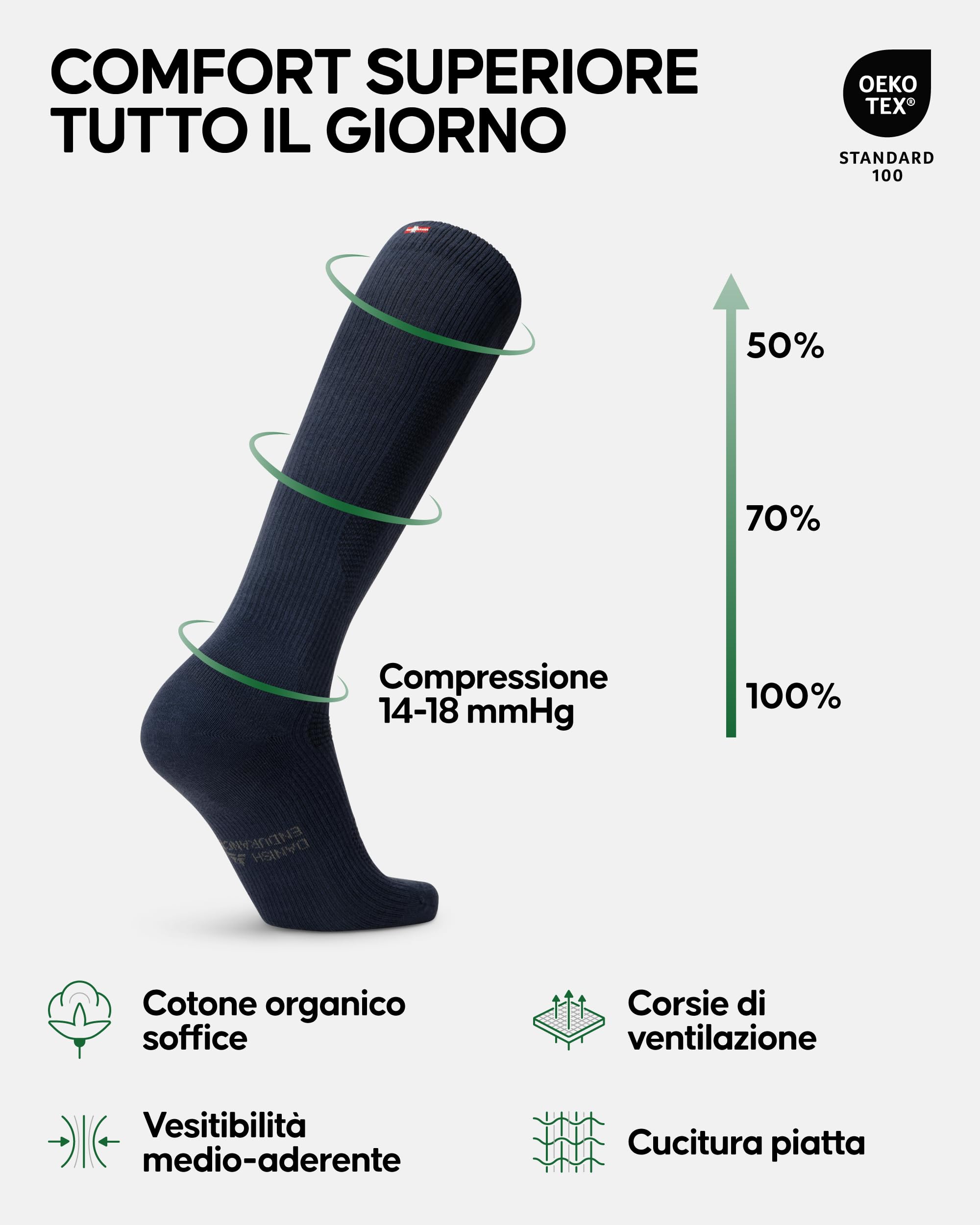 DANISH ENDURANCE Calze di contenimento cotone biologico 14-18 Mmhg, circolazione sanguigna ottimale, uomo donna, 1 o 3 paia