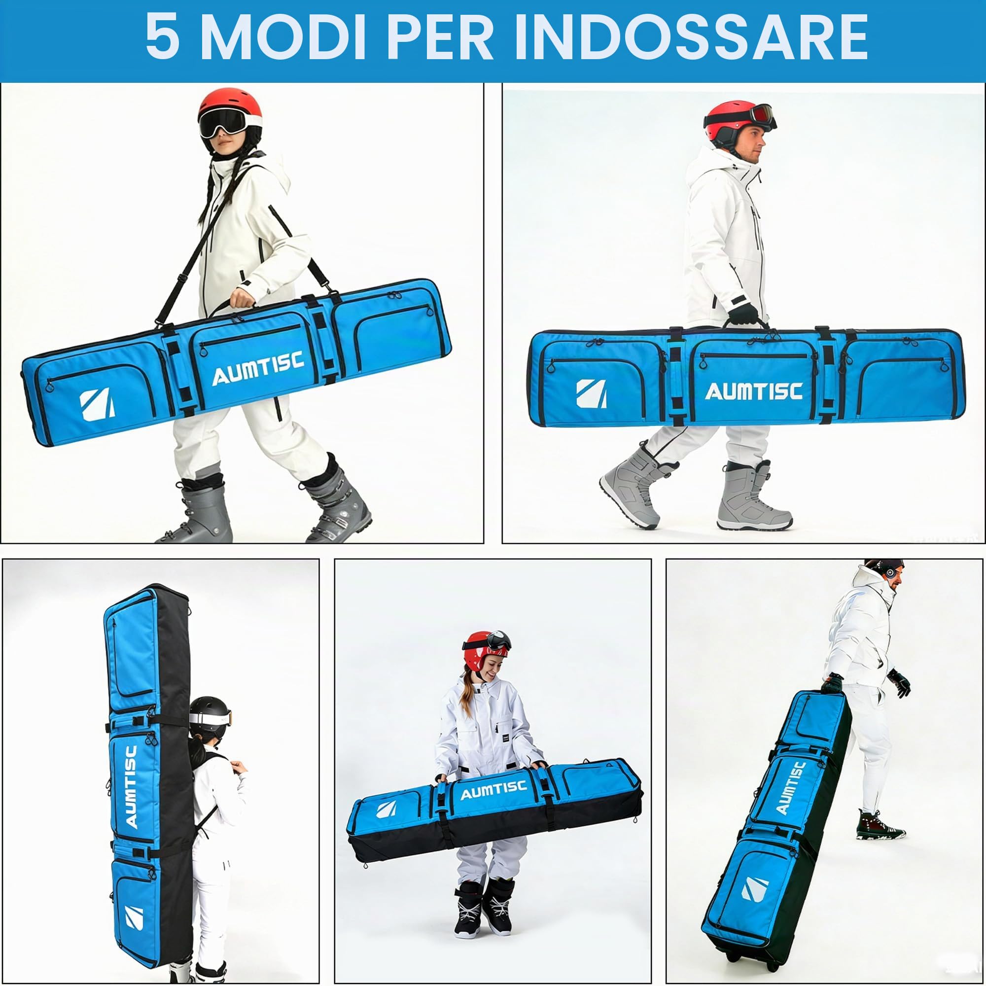 AUMTISC Borsa da snowboard con ruote, borsa da sci imbottita per viaggi aerei, adatta per sci fino a 200 cm