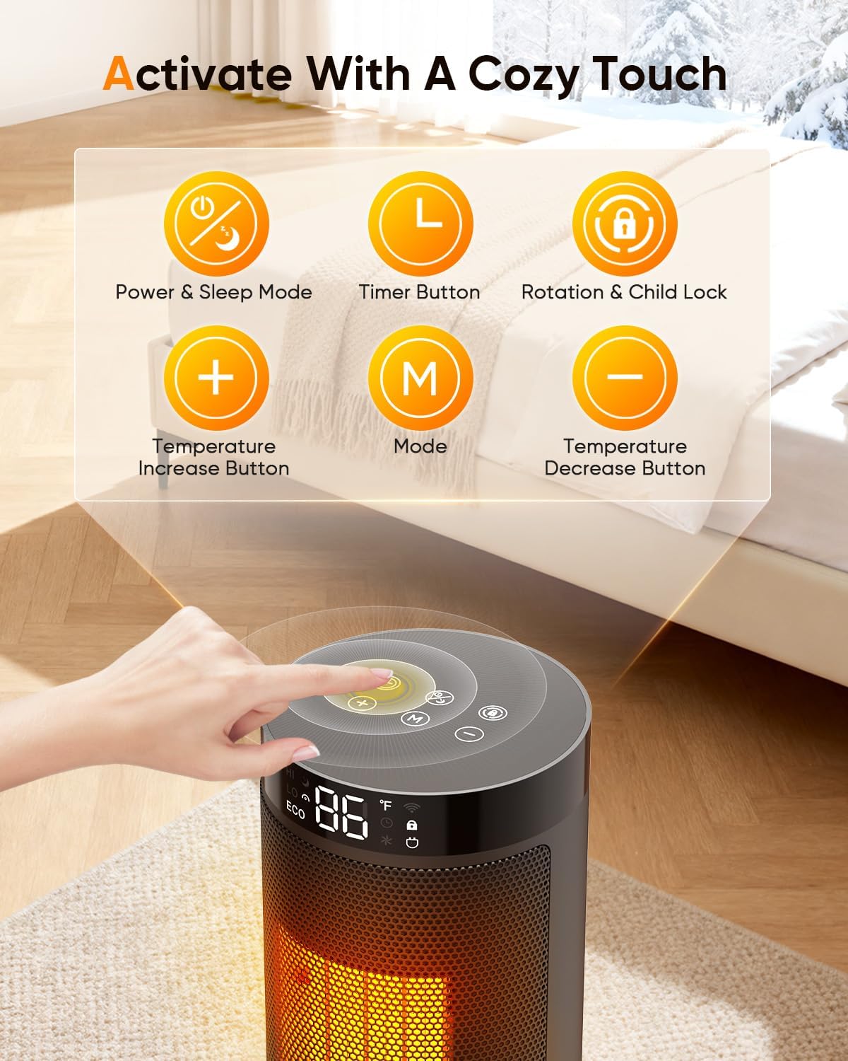 Smart Space Heater with WiFi/APP & Alexa Control, 1500W PTC Ceramic Electric Heaters for Indoor Use, 75° Wide-Angle Oscillation, 24H Timer, ECO Mode, Safe Indoor Portable Heater for Home Office