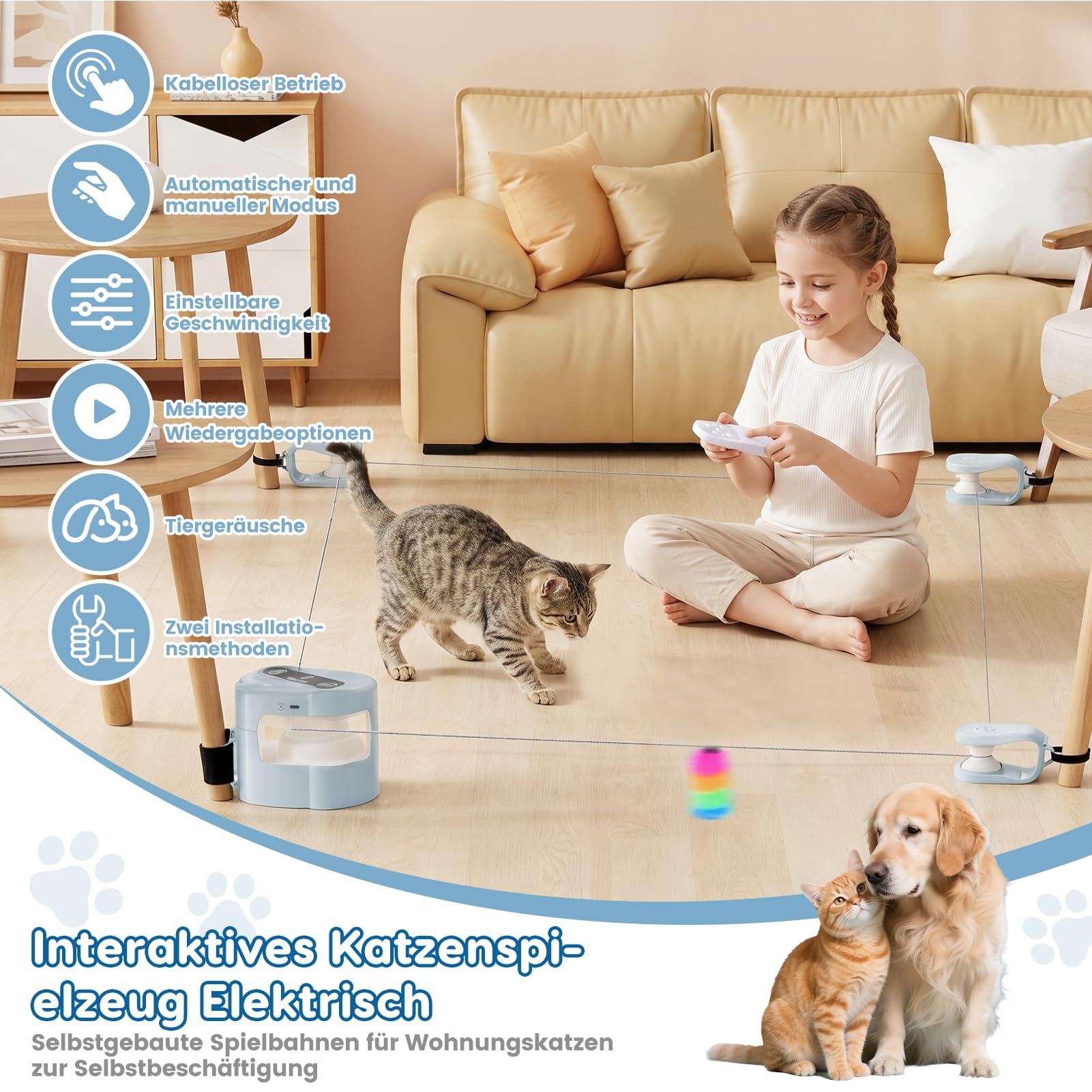 VINGVO Juguete interactivo para gatos, cinta de correr para gatos, juguete eléctrico con mando a distancia (azul claro)