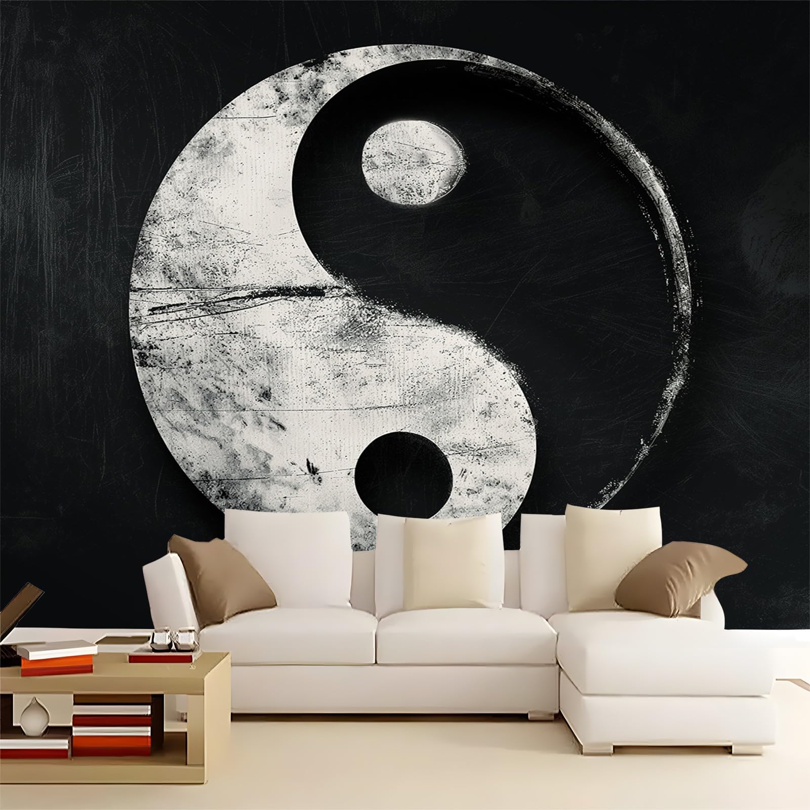 Tapeta z włókniny z motywem orientalnego symbolu Tai Chi, tapeta 400 x 280 cm, panorama, nowoczesna dekoracja, czarna do salonu, sypialni, fototapeta, dekoracja ścienna