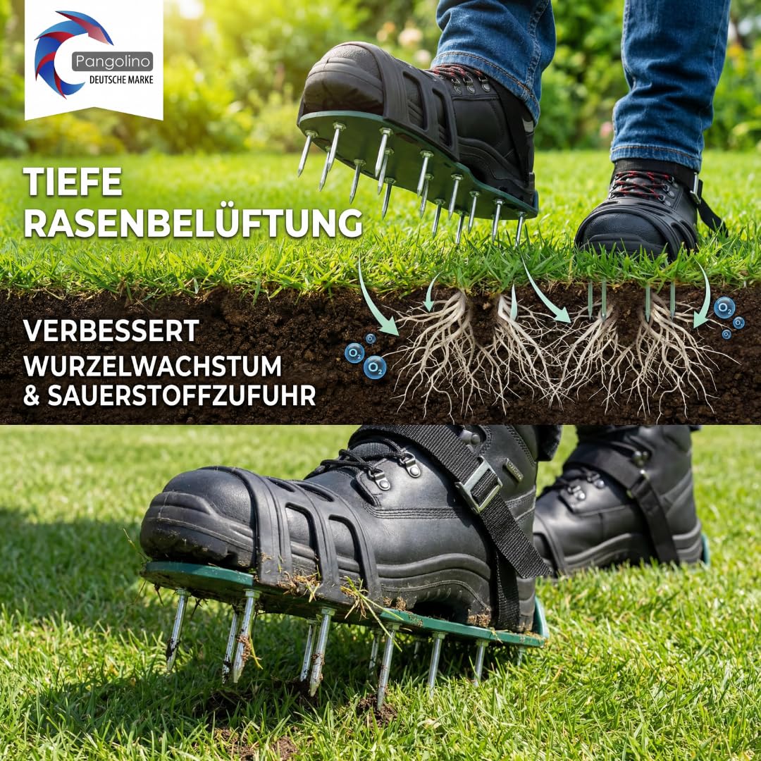 Pangolino Profi Nagelschuhe fertig montiert - Nagelsohle für Rasenlüfter & Estrich mit TPE-Riemenfixierung | Vormontiert inkl. 42mm & 60mm Nägeln (Gr. 37-48)