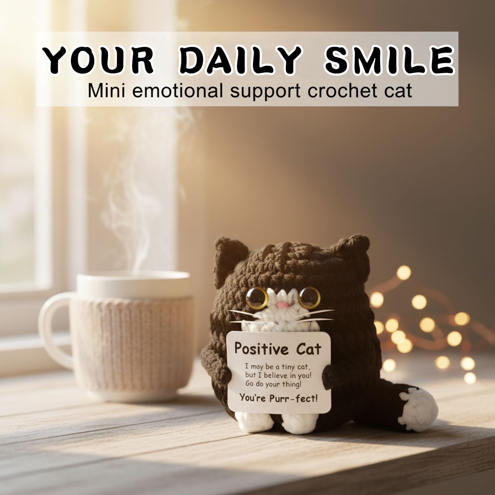 Positiva Gatto all'Uncinetto Portafortuna Fatto a Mano Confezione Regalo Nera