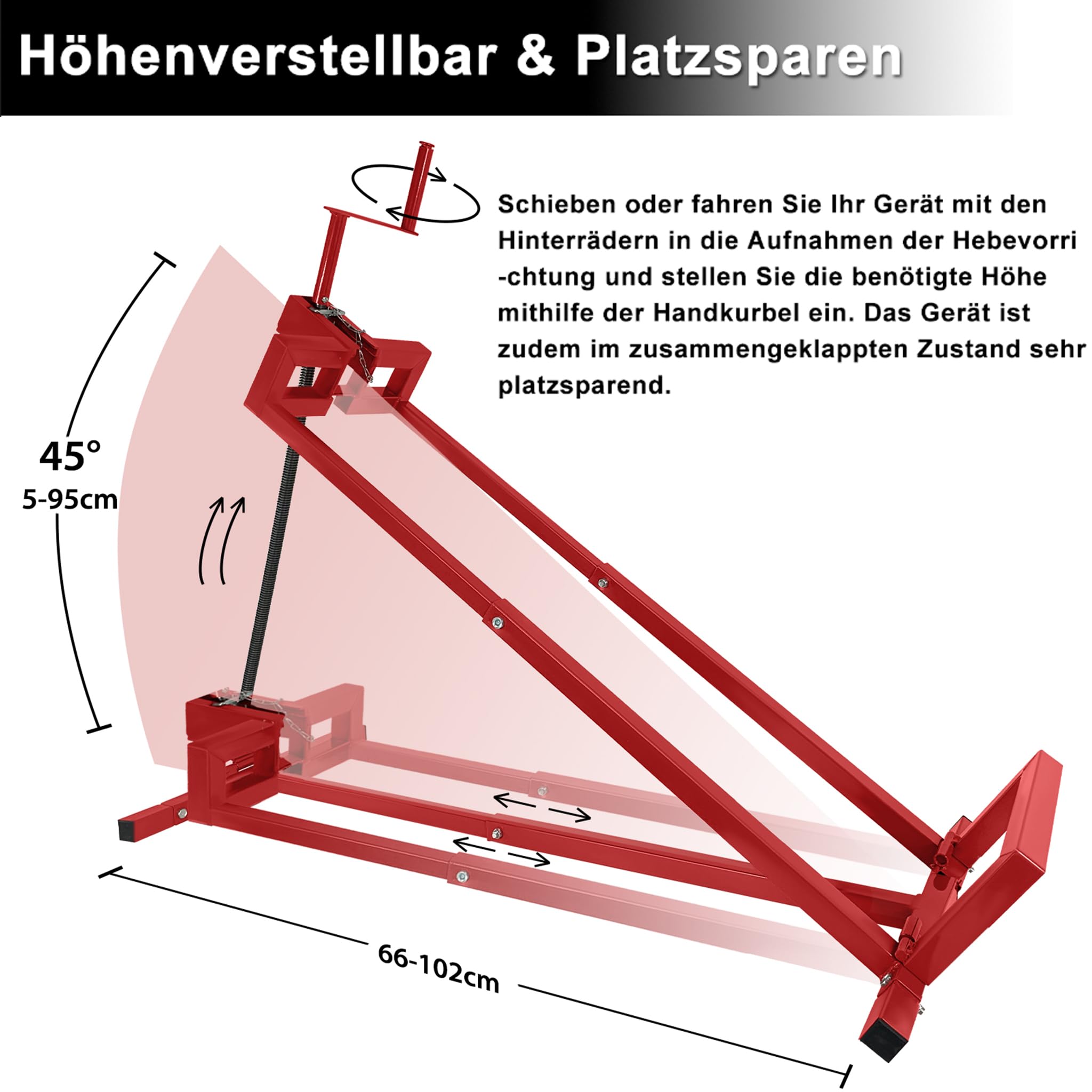 XMTECH Rasentraktorheber Hebevorrichtung Rasentraktor Rasenmäher Lifter 45° Neigung verstellbar, 400KG Hebebühne Hebevorrichtung für Aufsitzmäher Reinigungshilfe Universal, Rot