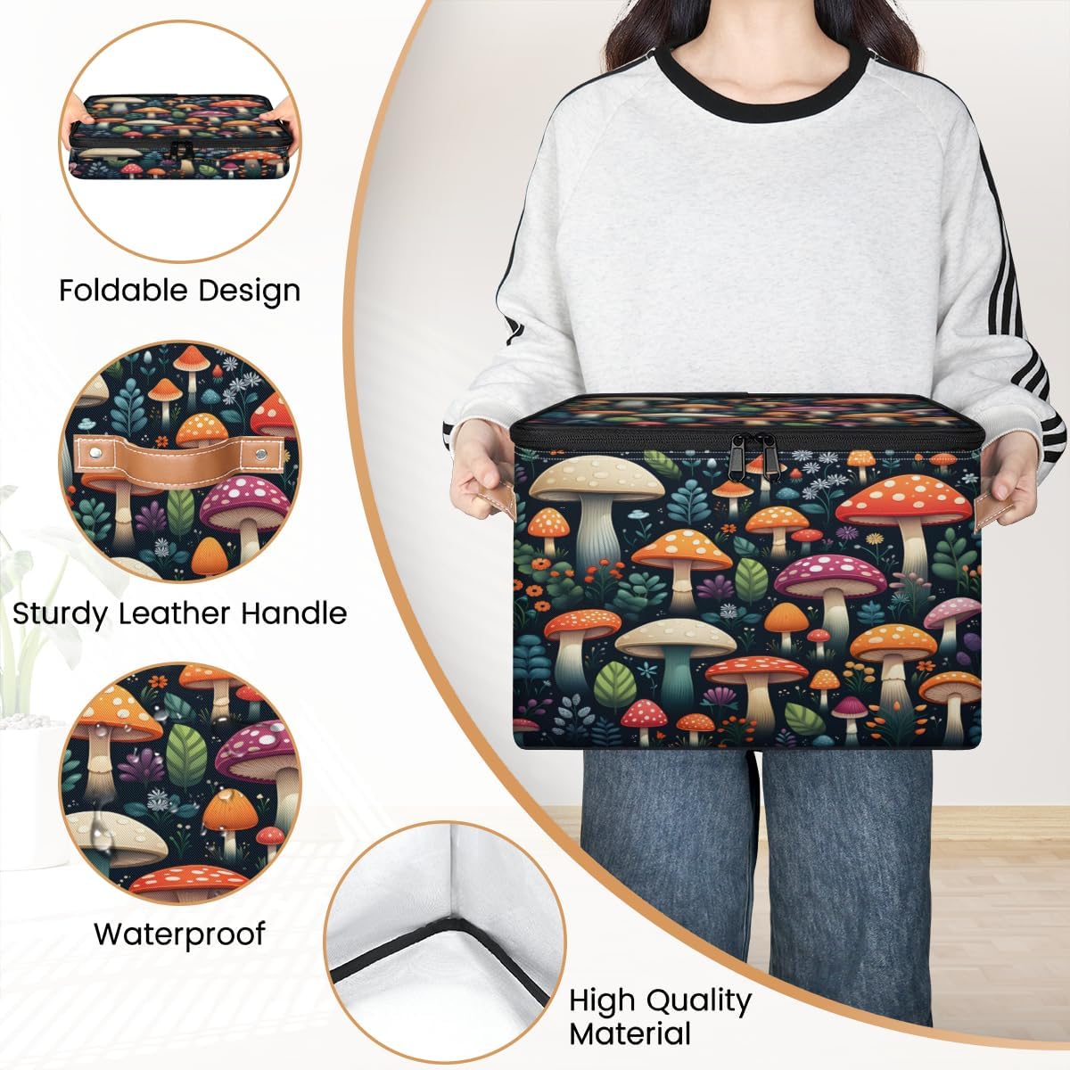Storage Bin Set of 2 Colorful Mushrooms Storage Basket with Zipper Lid & Handle Foldable Closet Shelf 2 Pack Cloth Organizer Basket Cube Bins Clothes Organizer for Bedroom, Nursery