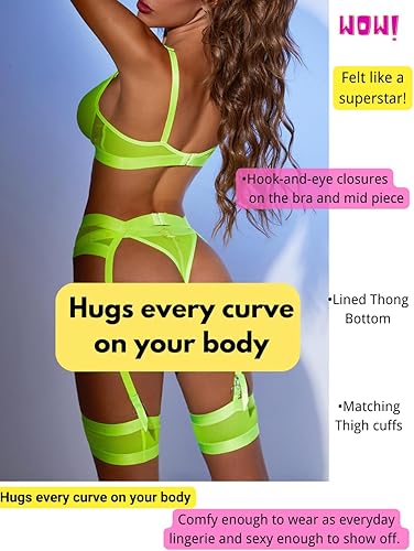 Vista 3 de Lencería de liguero para mujer, lencería de encaje sexy, conjunto de lencería transparente a juego de 4 piezas