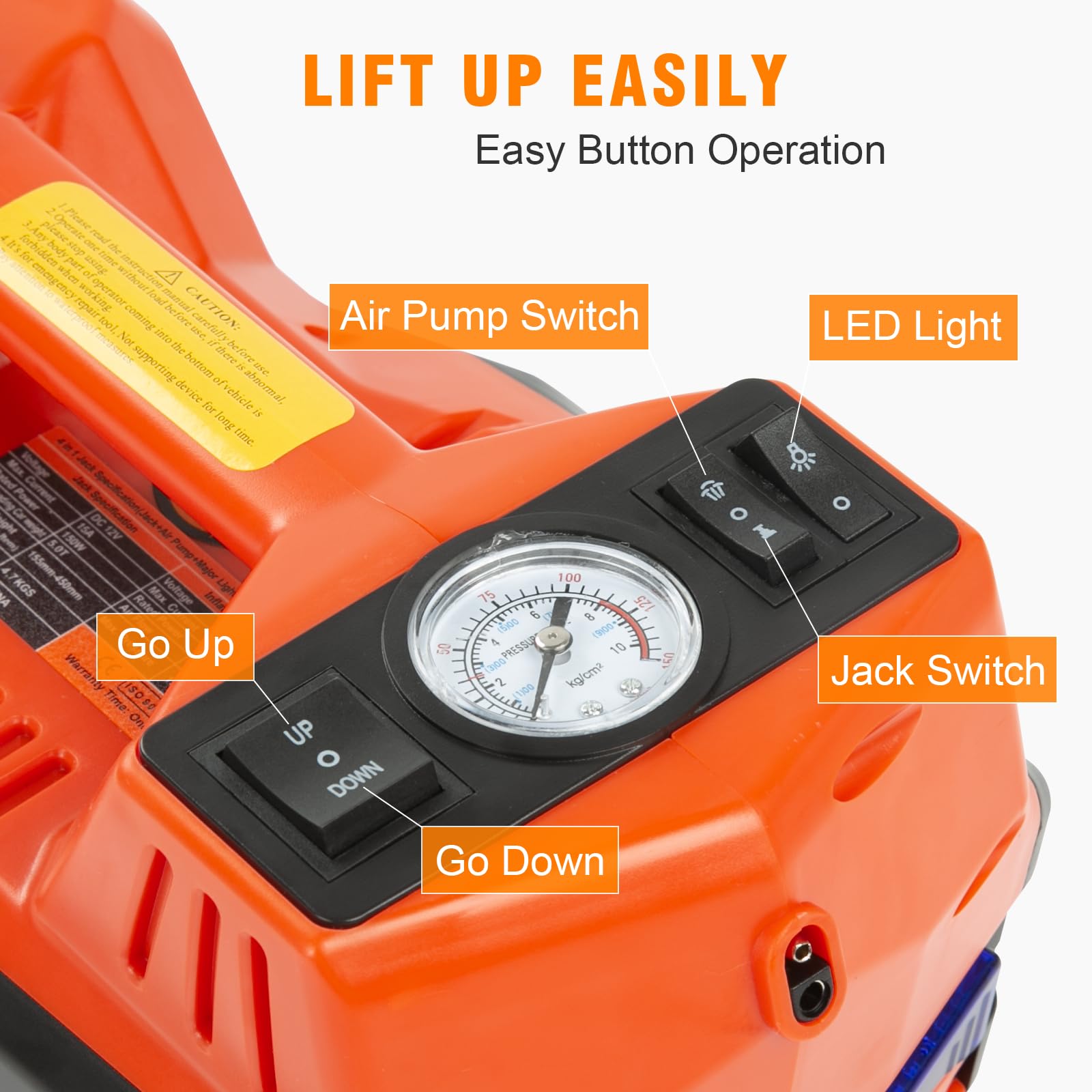 Auto Cric idraulico 5T, Cric elettrico 4 in 1 12V con pompa gonfiabile e luce LED, portata di sollevamento di 15-45 cm, Cric per auto, SUV, officine, riparazioni di emergenza, cambio gomme