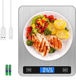 Brifit Digital Kitchen Scale, 20kg/44lb Food Scales with Large Stainless Steel Platform, USB Rechargeable Cooking Scales with LCD Screen, Electric Baking Scales with Tare Function, 5 Units