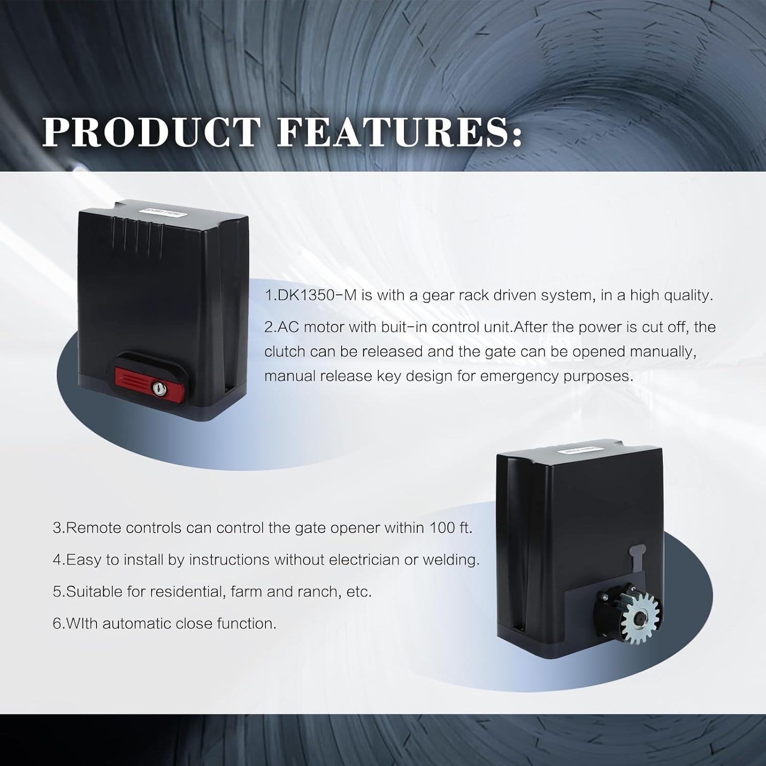 Sliding Gate Opener Kit with AC 110V/60HZ Motor, Remote Transmitter, Gear Driven Automatic Gate Operator (for 1350lb & 26ft Gate, DK1350-M)