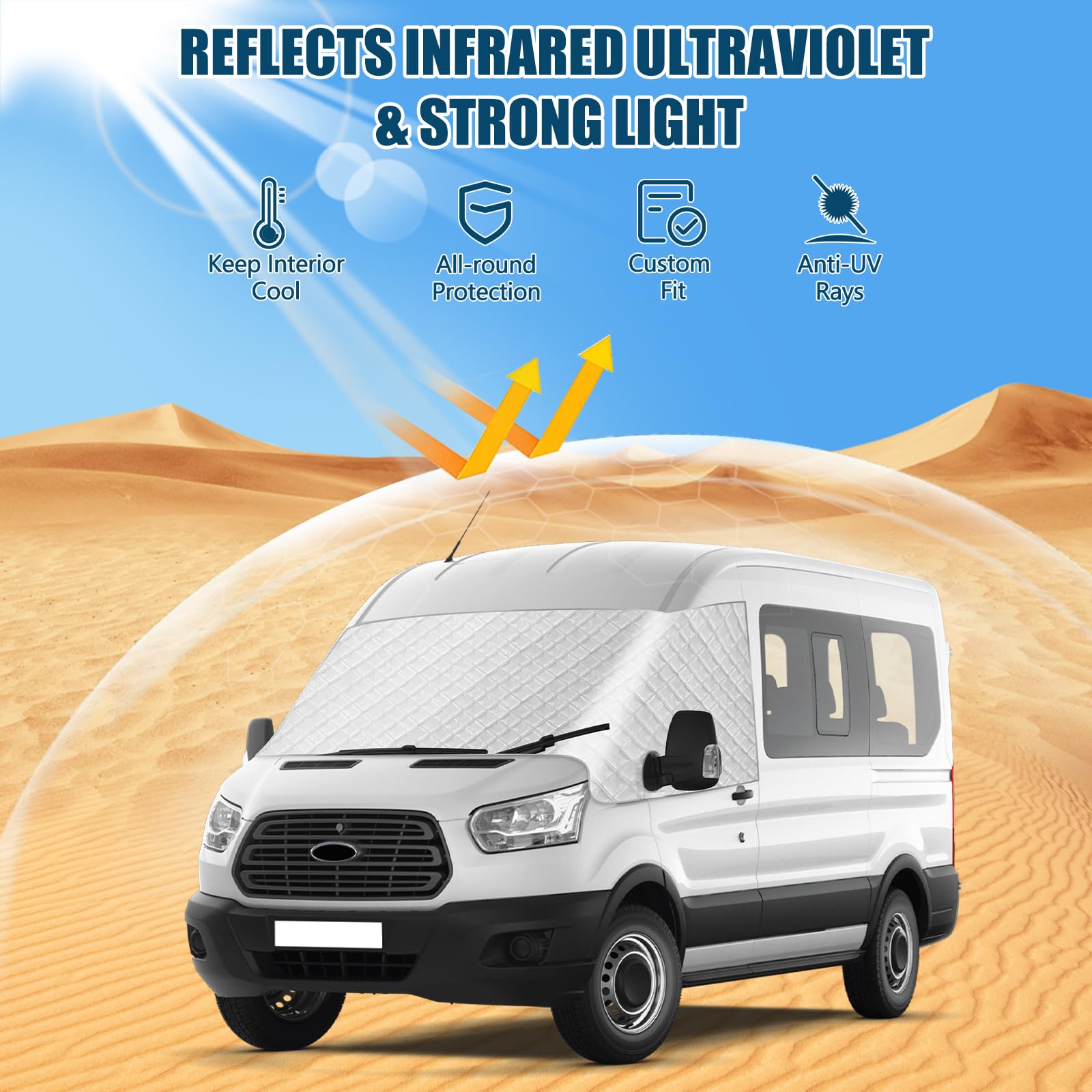 Auto Windschutzscheiben Abdeckung Ersatz für Ford Transit MK8/MK9 2014-2026, Frontscheiben Sonnenschutz, Blockiert UV Strahlen, Wetterfeste Frontscheibe Wrap Cover, Ihr Fahrzeug Kühler Halten