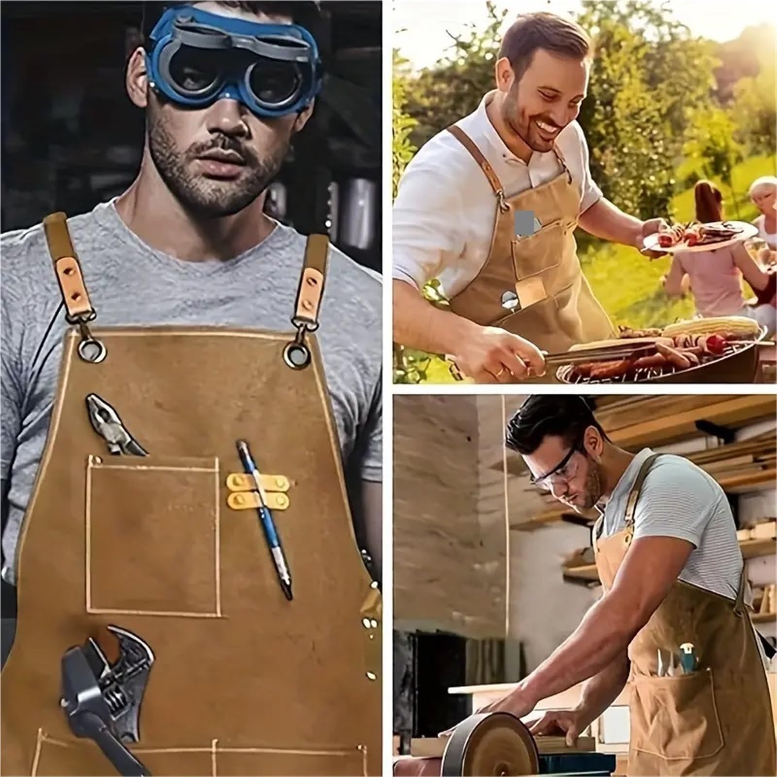 2 grembiuli da cuoco for uomo e donna con ampie tasche, grembiule da lavoro resistente e regolabile in tela di cotone con retro incrociato per Fabbro, Carpentiere