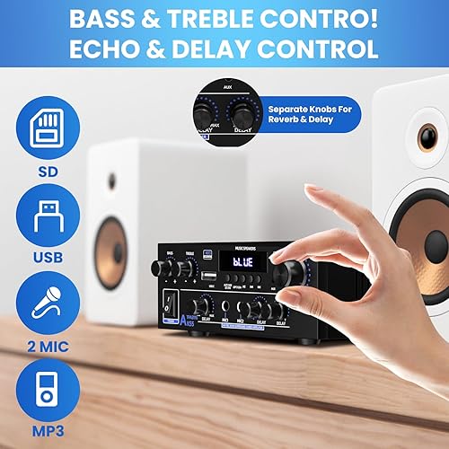Miniatura 6 de Amplifier Home Audio Stereo 1000W, Bluetooth 5.3 Amplifier for Two 50W x2 Speakers of About 8 Inches, SD Card/USB/MIC, 2.0 Channel HiFi for TV, Home