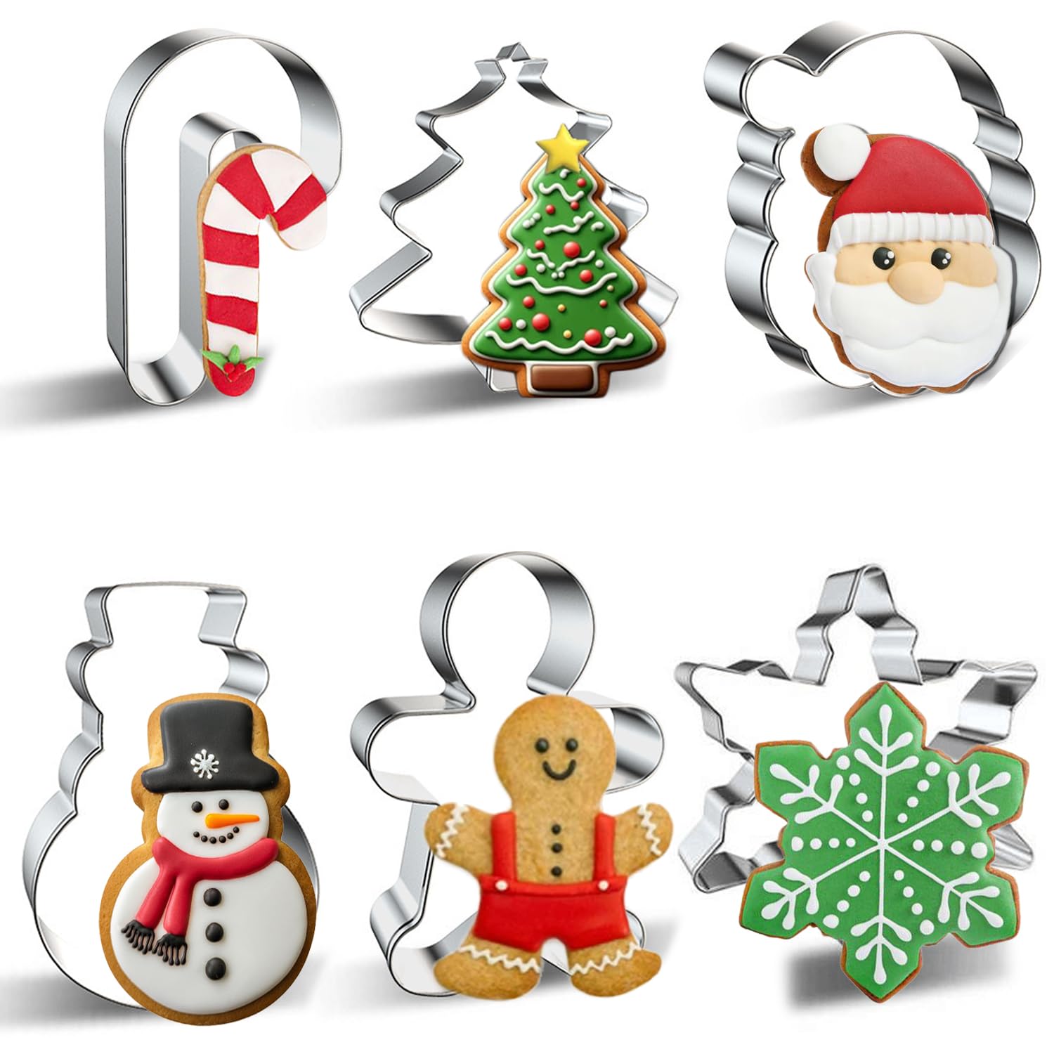 Juego de 6 cortadores de galletas de Navidad grandes, árbol de Navidad, muñeco de nieve, hombre de jengibre, copo de nieve, bastón de caramelo, cara de Papá Noel, molde cortador de galletas de 1