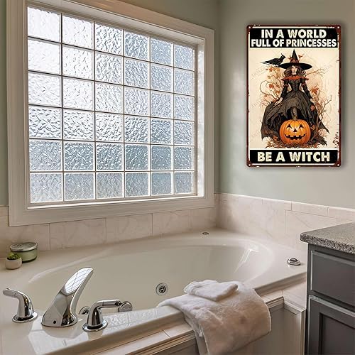 Miniatura 6 de Cartel de metal divertido en lata con texto en inglés "In A World Full Of Princesses Be A Witch" para Halloween para sala de estar o dormitorio,