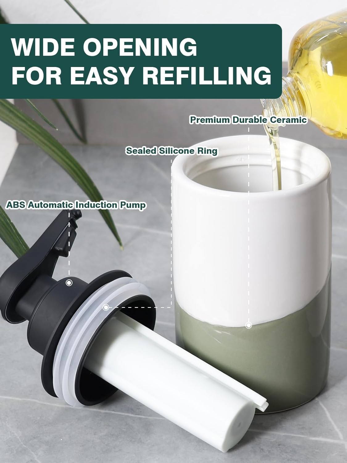 BosilunLife Automatic Soap Dispenser Ceramic Hand Free Soap Dispenser with Waterproof Pump Rechargeable Smart Electric Soap Lotion Dispenser Touchless for Kitchen Bathroom (White-Green, Liquid Pump) - Image 2