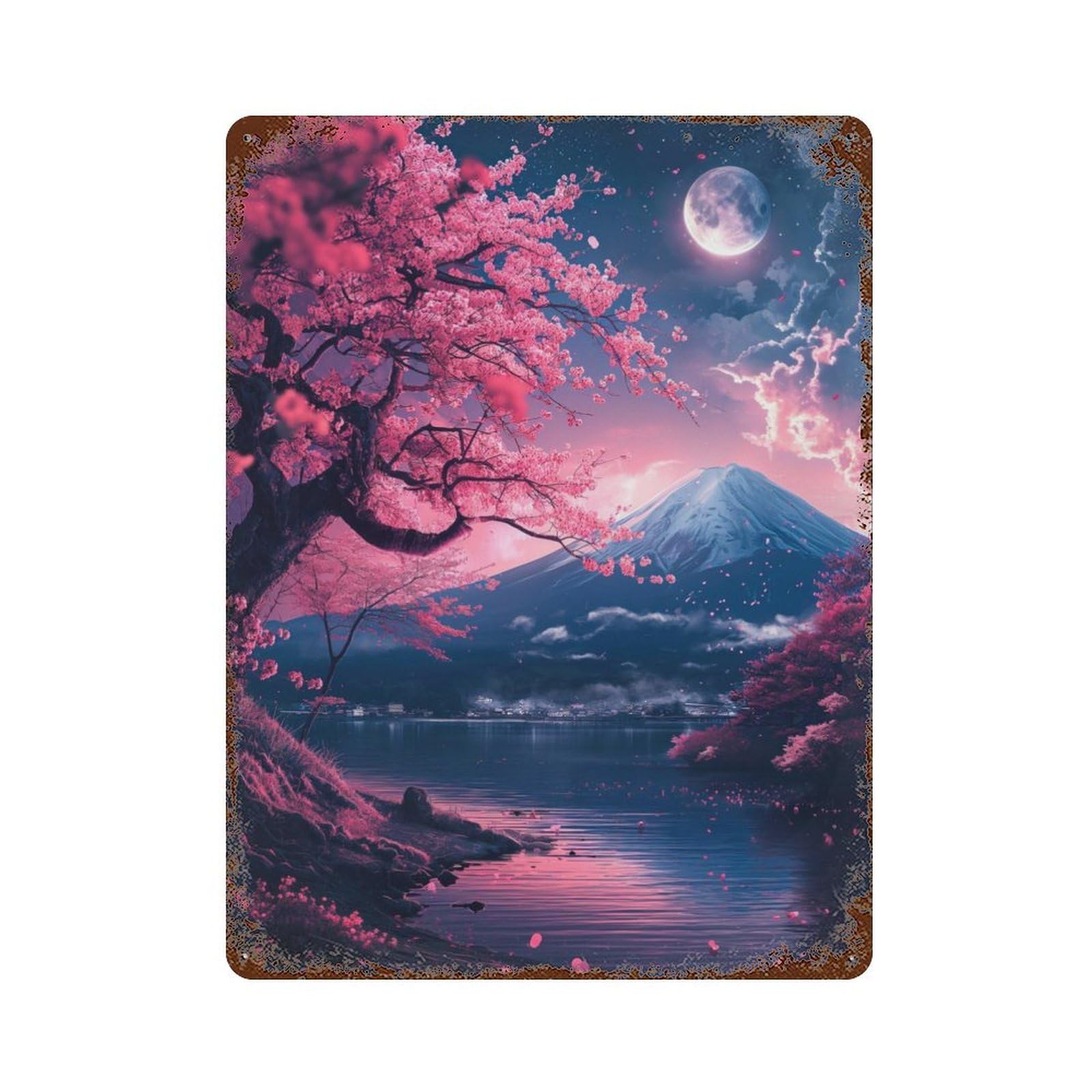 Distressed Metal Wall Sign with Japan Mount Fuji at Night Design 15.7"x11.8", for Farmhouse, Kitchen And Entryway Decor, Old School Wall Decor