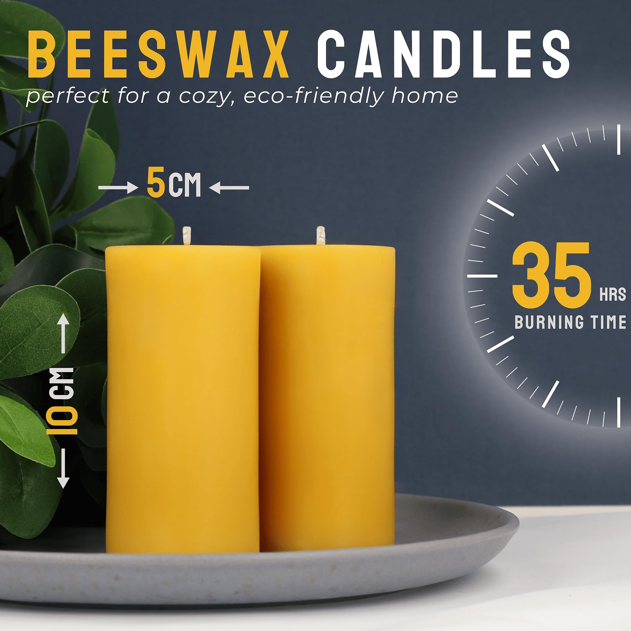 Danilovo Velas de Cera de Abeja Natural 100% Pura – Velas Decorativas Grandes para un Hogar Acogedor – Aroma a Cera de Abeja Natural que da Confort Diario (2 pz, 5x10 cm, 35 horas)