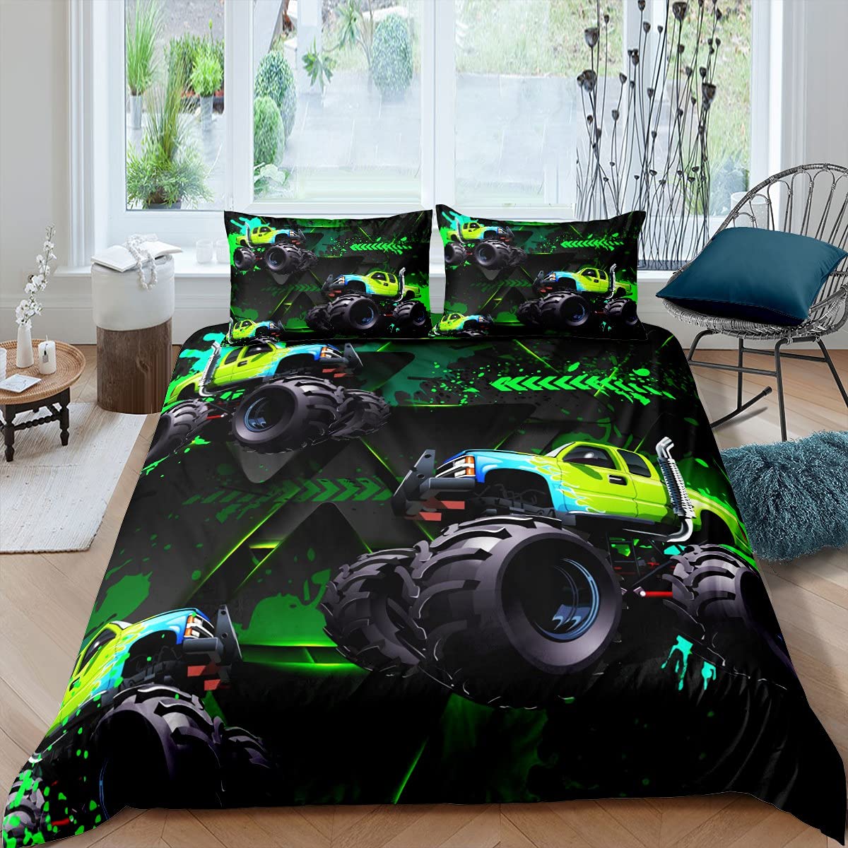Truck Graffiti Bedding Set 3 pieces,Hip Hop Farm Tractor Big Wheel Car Comforter Cover for Boys Girls,Green Tire Print Heavy Machinery Ultra Soft Duvet Cover Decor,Double Size Quilt Cover — image 1