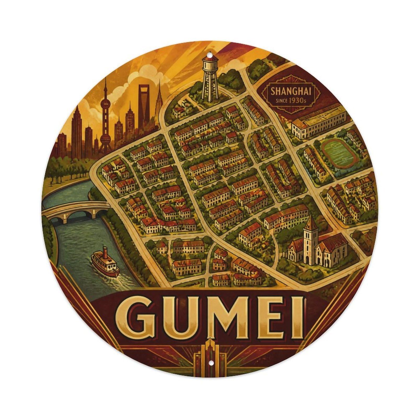 Okngb Style Gumei District Shanghai Riverfront Map Vintage Badge Metal Tin Sign Plaque Wall Decor For Cafe, Man Cave, Club Bar, Office, Home Garden Round Metal Poster 8X8inch