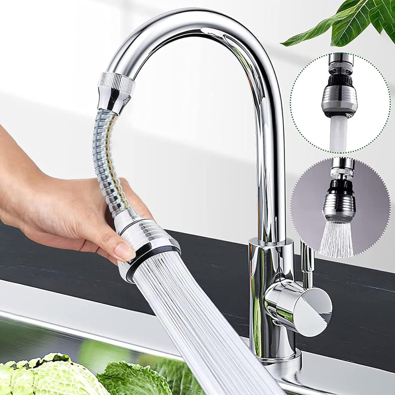 Extensor de grifo flexible para fregadero de cocina, accesorio de rociador de manguera ajustable de 360°, boquilla de refuerzo de aireador de ahorro de agua antisalpicaduras de modo dual — view 2