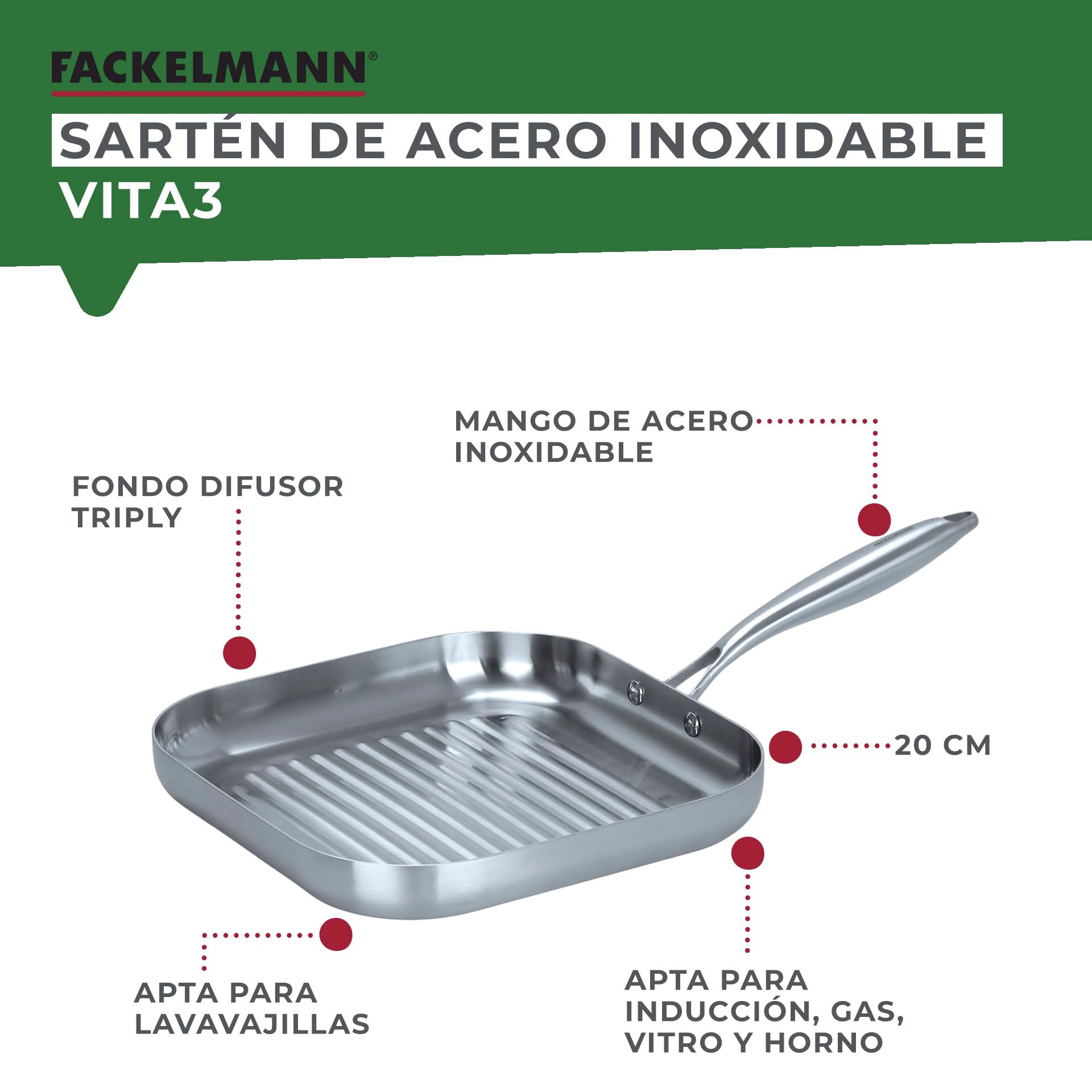 Fackelmann Vita3 Sartén Grill de Acero Inoxidable 28 cm, Acero Inoxidable Triply con Triple Fondo Difusor, Sin Antiadherente, Sin PFA, Apta para Inducción, Gas, Vitro y Horno, Apto Lavavajillas