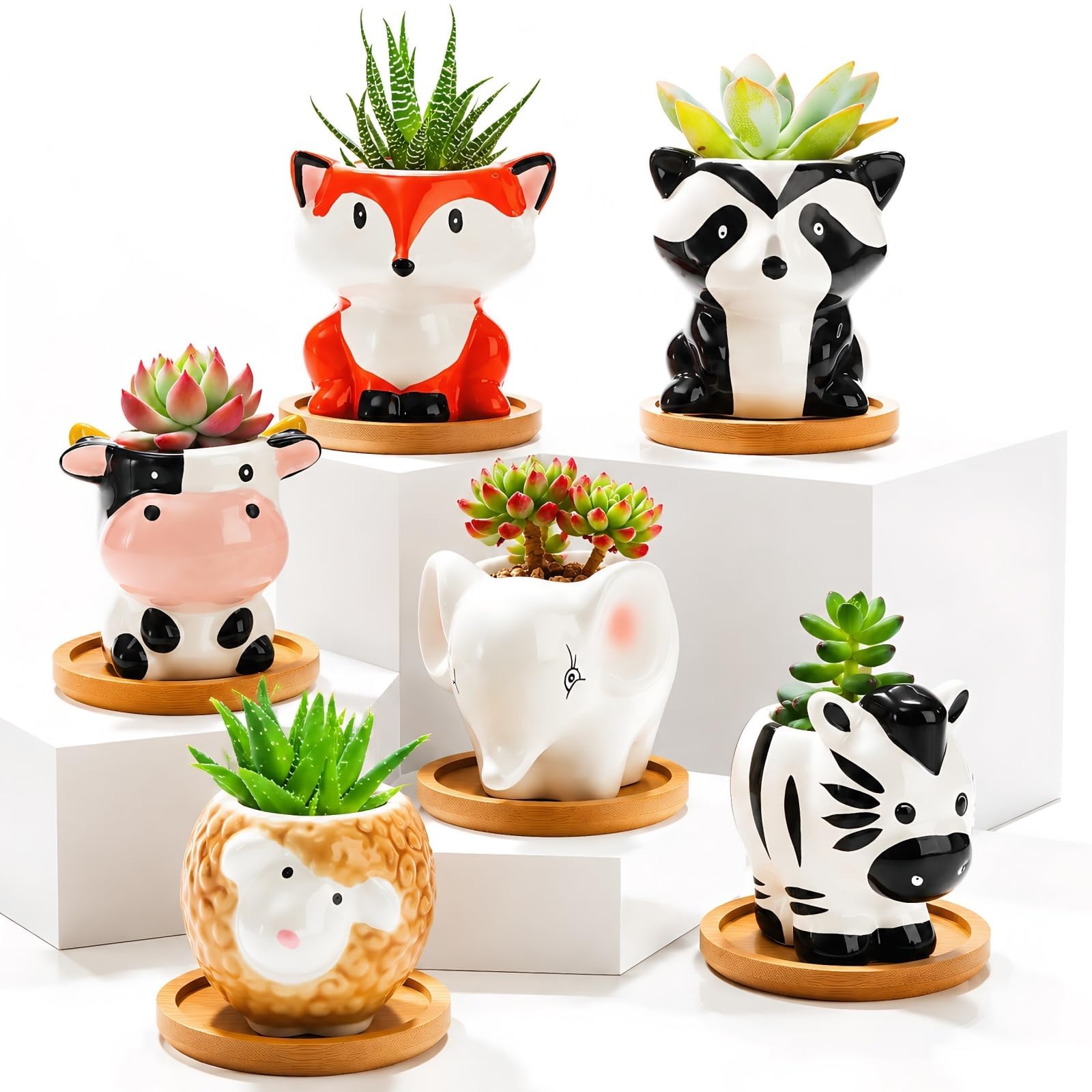 Pumtus 6 Stück Mini-Sukkulenten-Töpfe, kleiner Keramik-Blumentopf, niedlicher Tier-Pflanzenhalter mit Ablaufloch und Bambus-Tablett für Kaktus, Geschenke, Garten, Büro, Heimdekoration, 7,6 cm