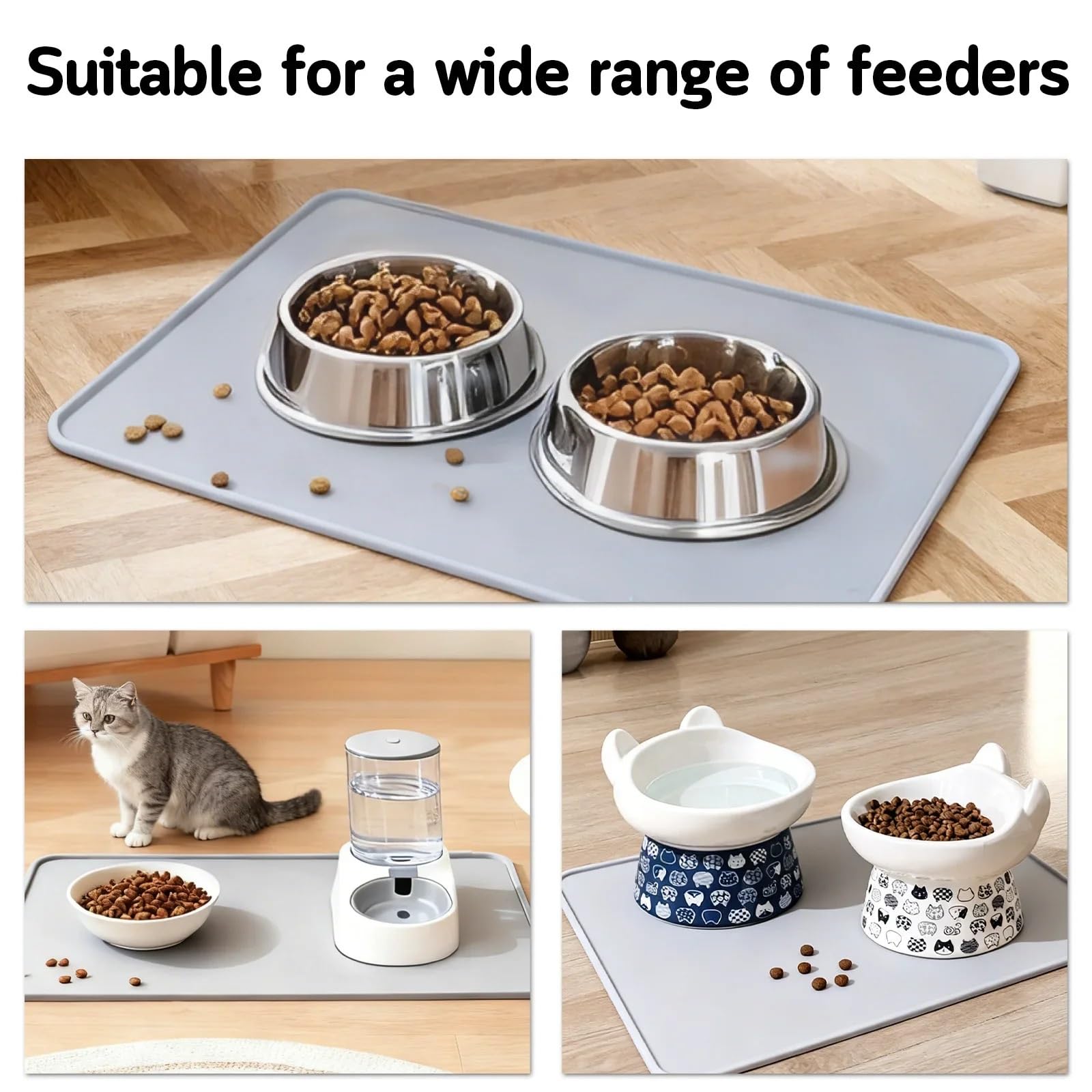 Futtermatten für Haustiere Silikonunterlage for Katzen und Hunde – wasserdichtes, rutschfestes Futternapf-Tischset mit erhöhtem Rand, leicht zu reinigen wasserdichte(Light Grey)