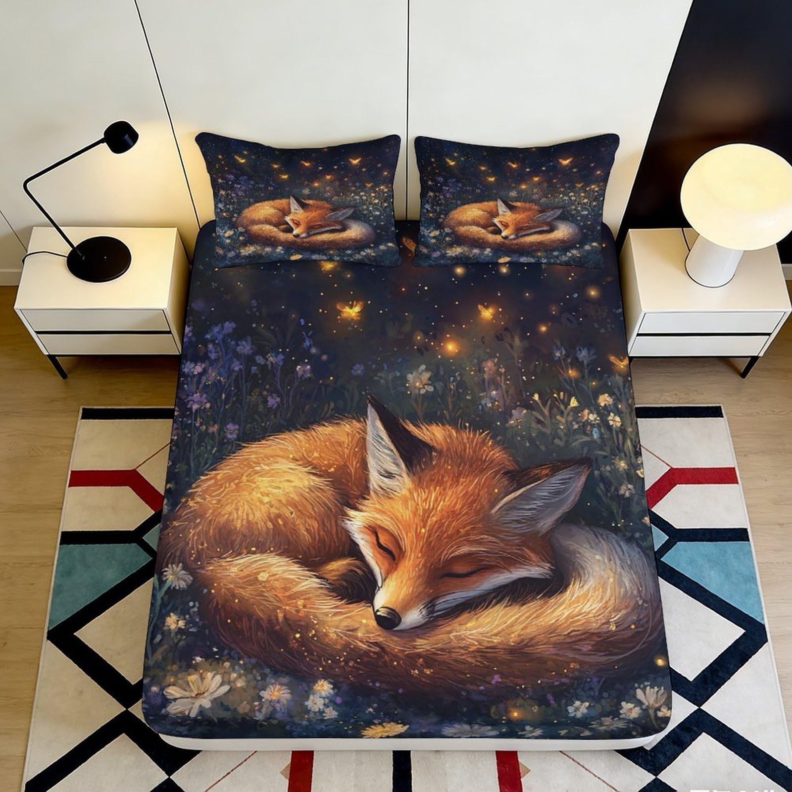 3D Printed Sleeping Fox Fitted Sheet Microfiber Soft Breathable Fireflies Bed Cover for Bedroom Dormitory Guest Room Mattress Protection Decor 160x200x25cm