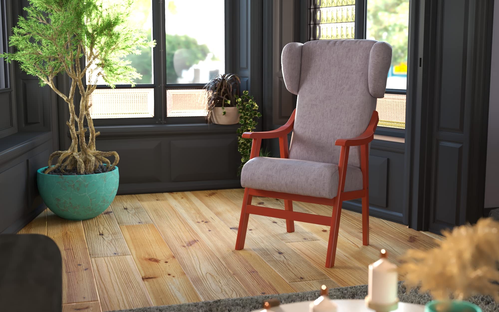 Abuelo a Gusto- Silla con Brazos Modelo Goya y Orejas apoya-Cabeza. Madera Color: Cerezo (Medidas: 117 * 69 * 57 cm) Tela Antimanchas: para Personas Mayores o geriátrico. Prótesis de Cadera. Gris