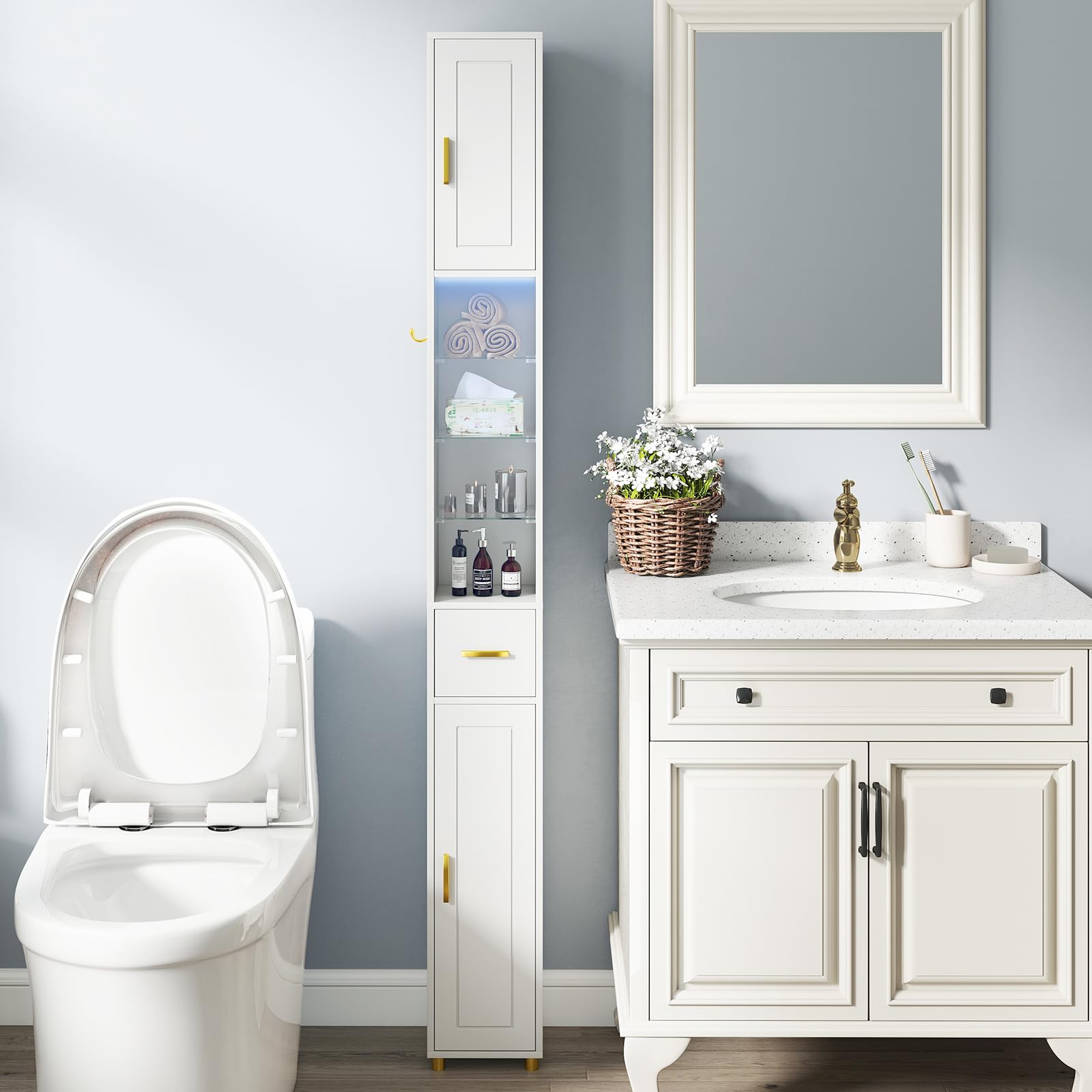 GIANTEX Colonna Bagno Alta, Ripiano in Vetro Temperato, Luce a 3 Colori, Piccolo Mobile di Stoccaggio Bagno, 2 Ante, 1 Cassetto, per Soggiorno, Ufficio, 20 x 20 x 181 cm(4Ripiano-2, Bianco)