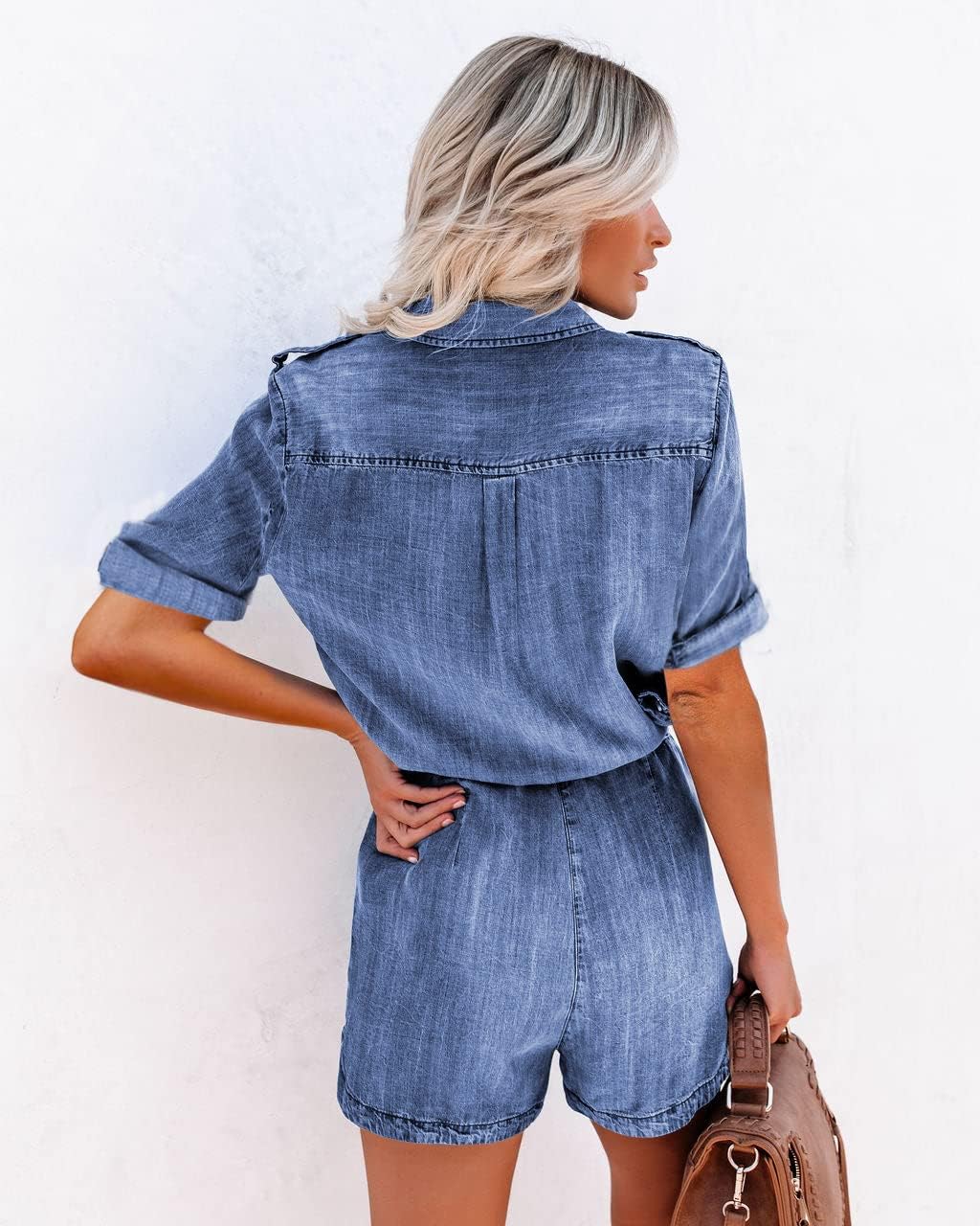 Paintcolors Women's Button Down Pockets Belted Washed Denim Jumpsuits Rompers - Image 3