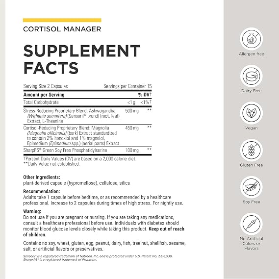 Integrative Therapeutics Cortisol Manager Allergen Free - Adrenal Health Support Supplement for Healthy Stress Response* - Vegan, Non-Dairy & Gluten-Free - 30 Capsules