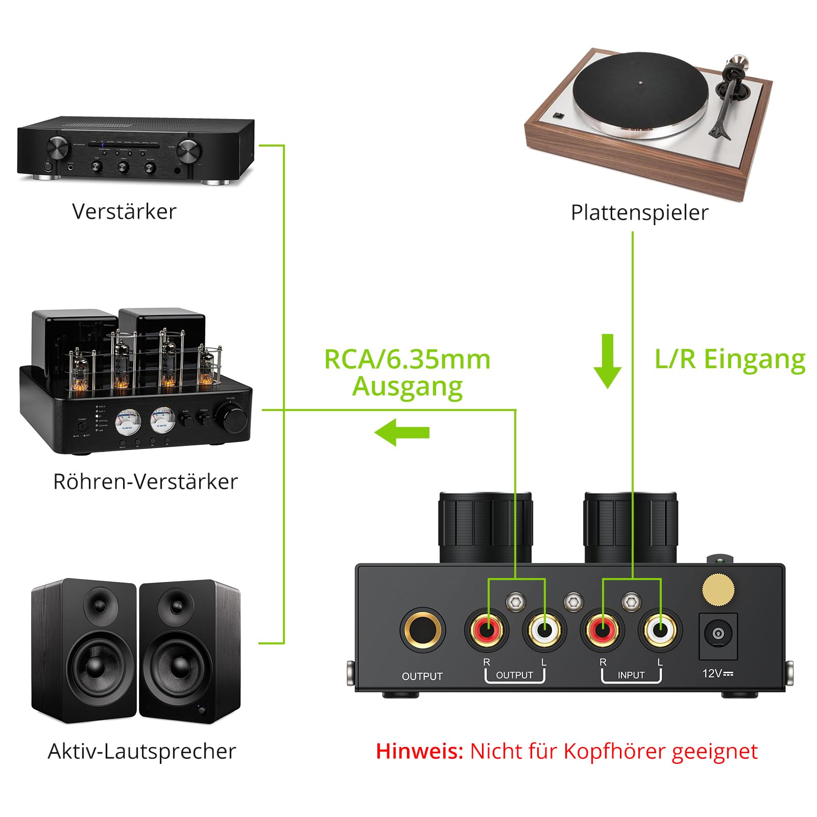 LiNKFOR Phono-Vorverstärker Phonograph-Vorverstärker Ultra-Kompakter Vorverstärker mit Netzschalter Lautstärkeregler Cinch Eingang/Ausgang 1/4'' TRS-Ausgang DC 12V für Plattenspieler mit MM-Abtast