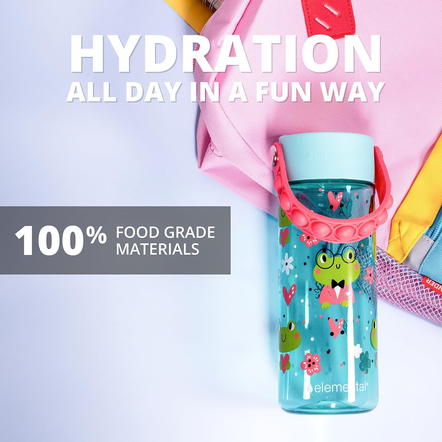 Elemental Water Bottles for Kids - Splash Kids Water Bottle for School with Pop-it Handle - BPA Free Tritan Plastic Water Bottle with Straw Leak Proof when Spout is Closed - Fancy Frog - 18oz - Image 4