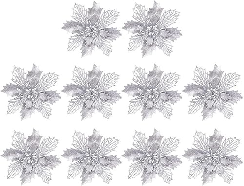 Miniatura 1 de 10 flores artificiales de Navidad de flor de pascua, lentejuelas con purpurina, adornos para árbol de Navidad, decoraciones de flor de pascua para