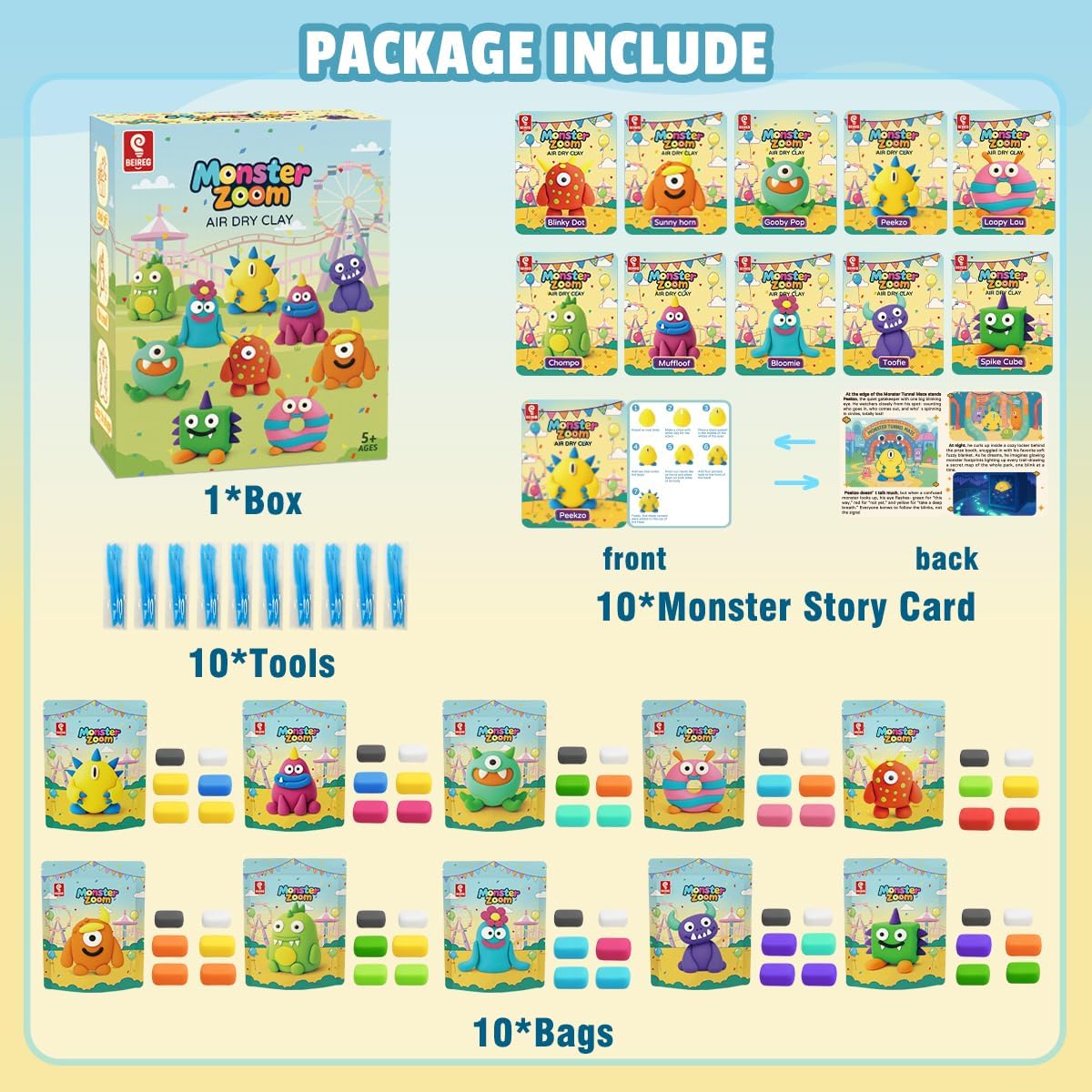 Monster Air Dry Clay Kits for Kids, 10 DIY Monster Theme Modeling Clay, Story Cards Tools, Ultra Light & Soft, Non-Toxic, Home School Projects Party Favor Bags for Boys Girls Gifts