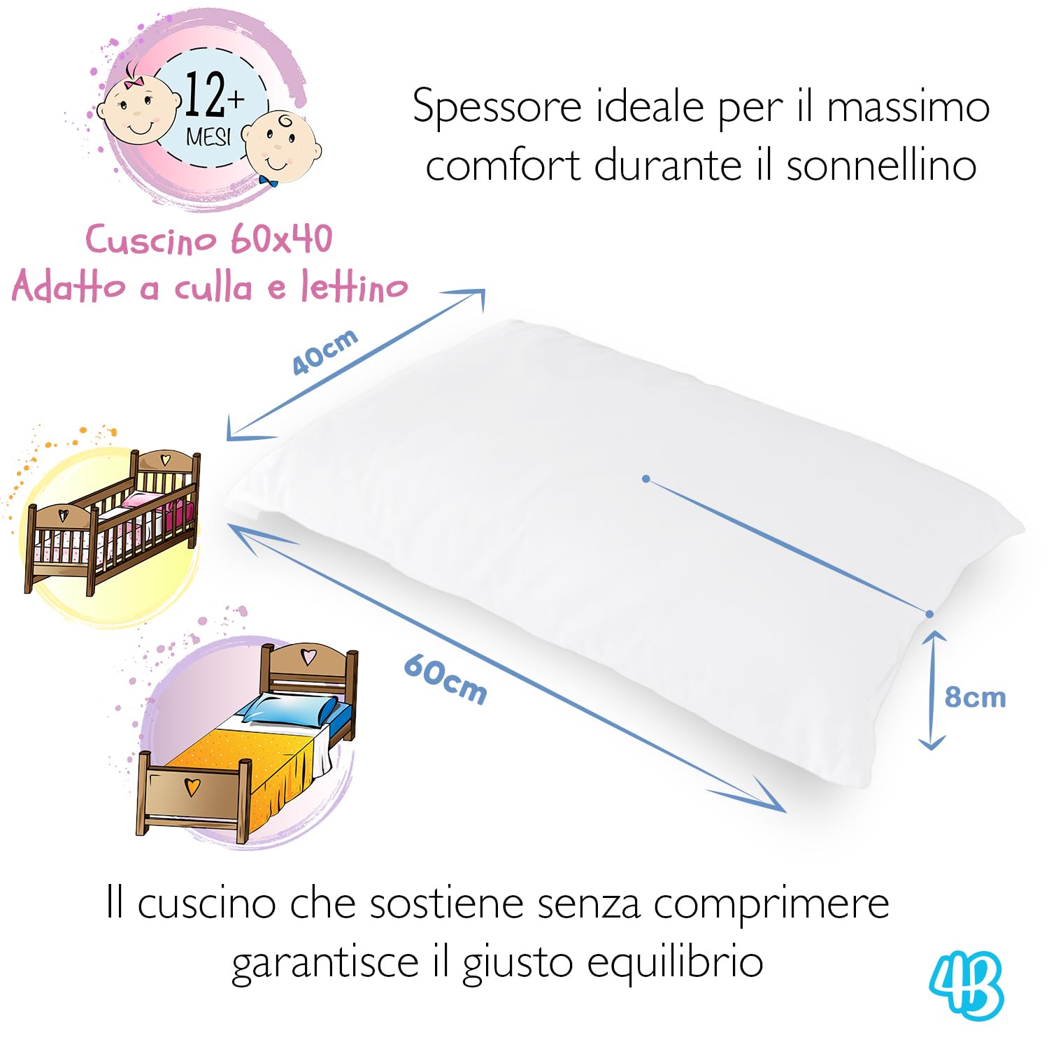 4BABIES - Cuscino Lettino Bambino 40x60, Cuscino per Bambini Traspirante Anallergico con rivestimento in Cotone 100% Italiano, Antiacaro Ipoallergenico per culla