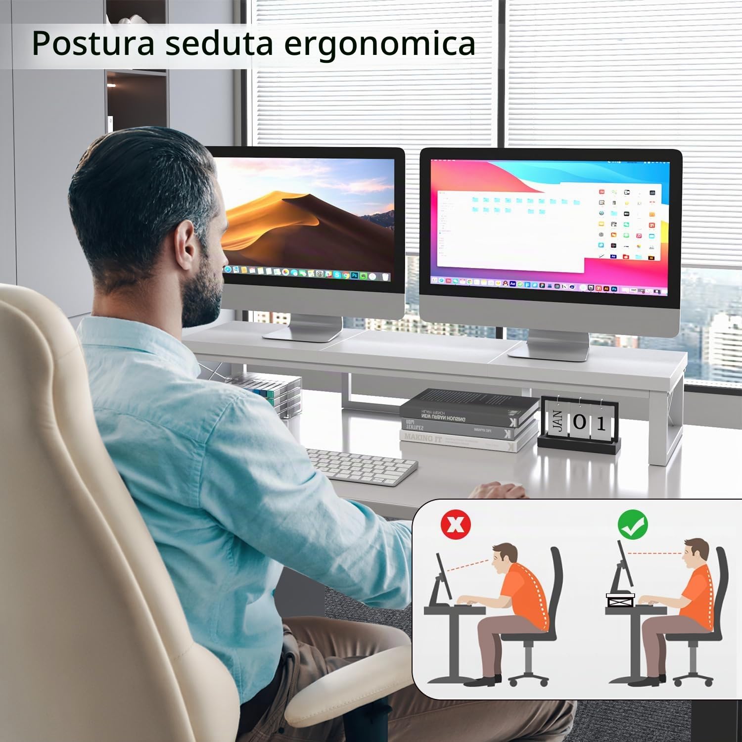 IBUYKE Supporto per doppio Monitor di Computer, 97cm Legno Tavolo Organizer Supporto, Scrivania da Ufficio con Doppio Schermo, Adatto per PC, Stampanti, Laptop, TV, Bianco TDJ002W