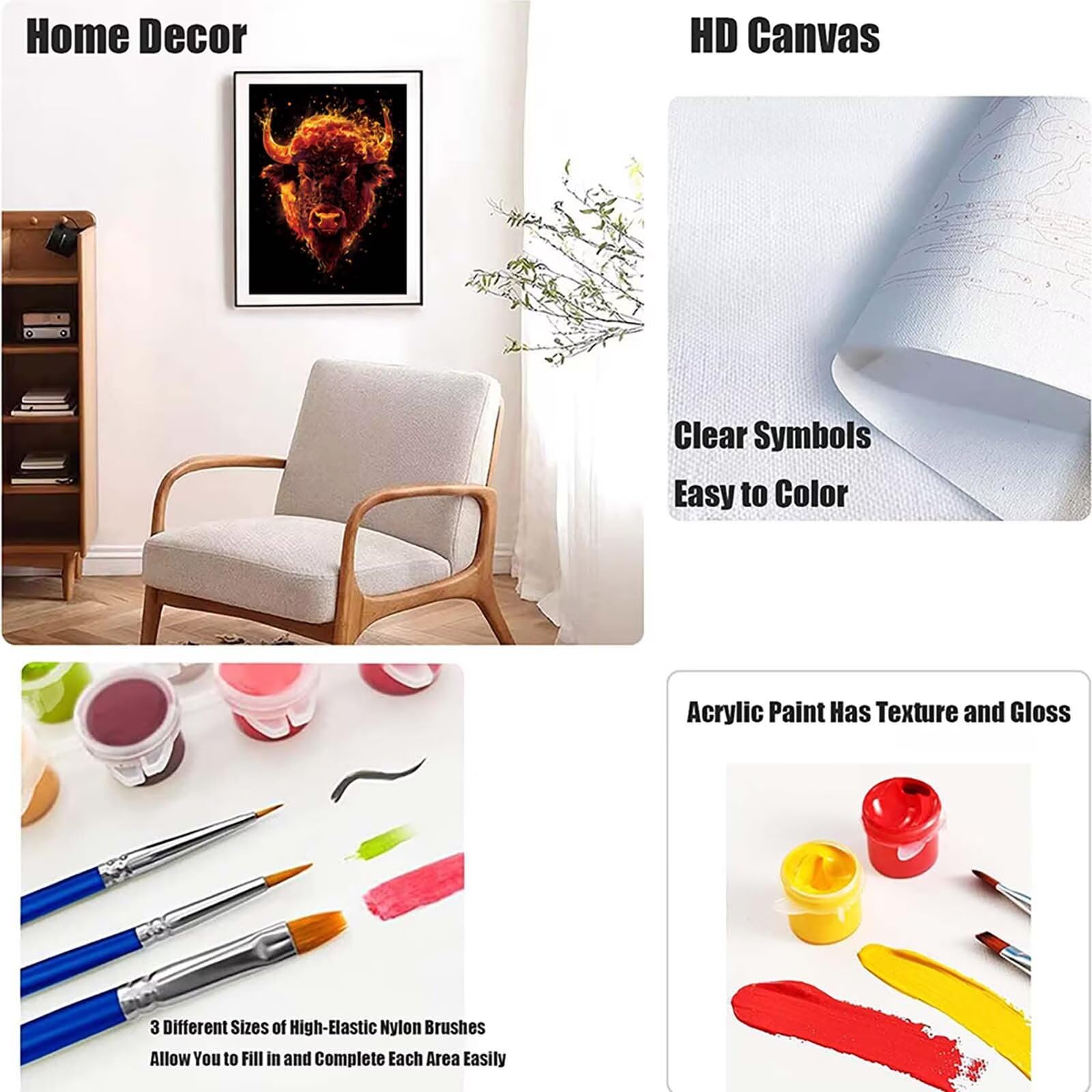 Peinture Numero Bœuf Paint by Numbers Animal Peinture par Numero Adulte Facile Sur Toile avec 3 Pinceaux et Acryliques Loisirs Painting by Numbers pour Decoration Maison, Cadeau 100cm x 135cm -252gMQ